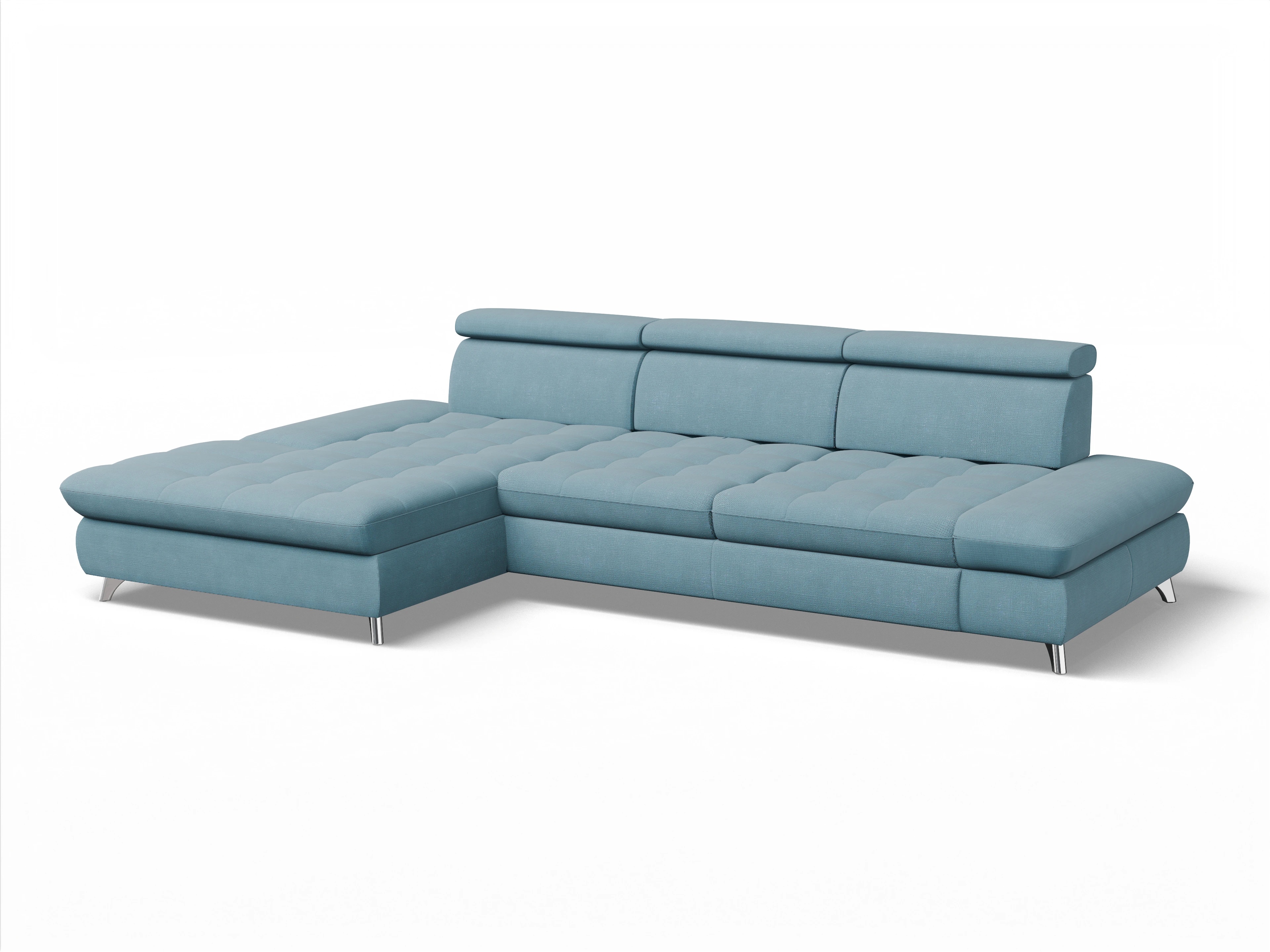 Ansicht des Produktes Memphis Stoff Ecksofa links Abschluss offen in Stoff Blau
