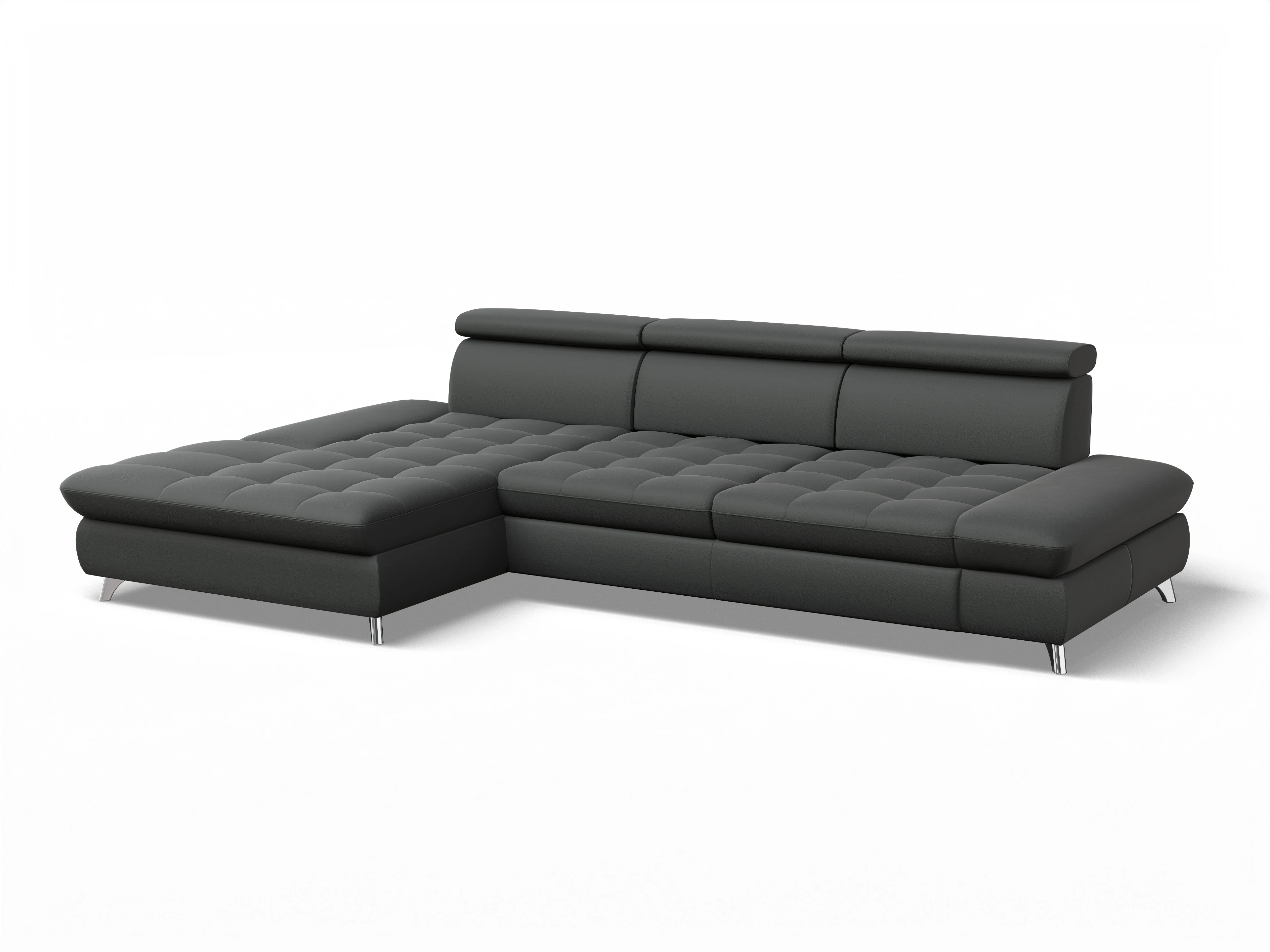 Ansicht des Produktes Memphis Stoff Ecksofa links Abschluss offen in Leder Grau