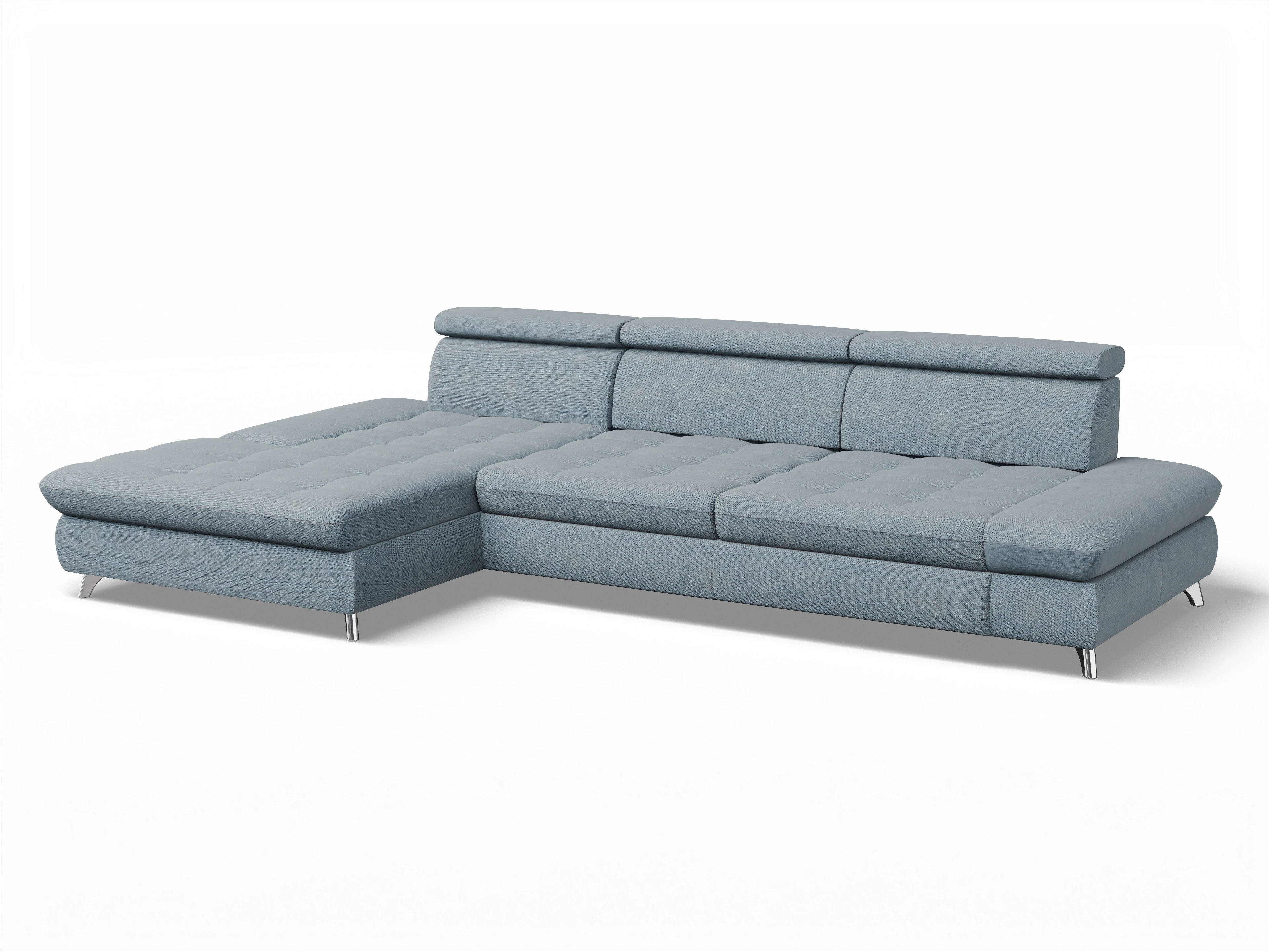 Ansicht des Produktes Memphis Stoff Ecksofa links Abschluss offen in Stoff Blau