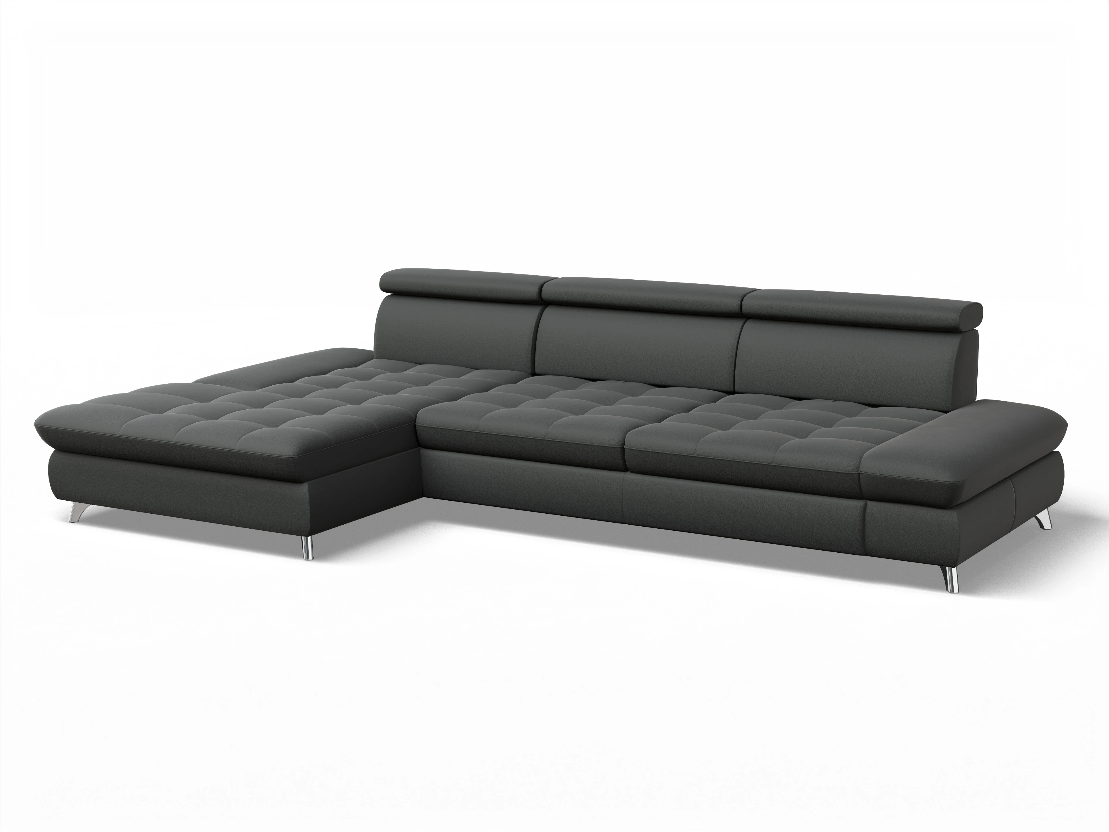 Ansicht des Produktes Memphis Stoff Ecksofa links Abschluss offen in Leder Grau