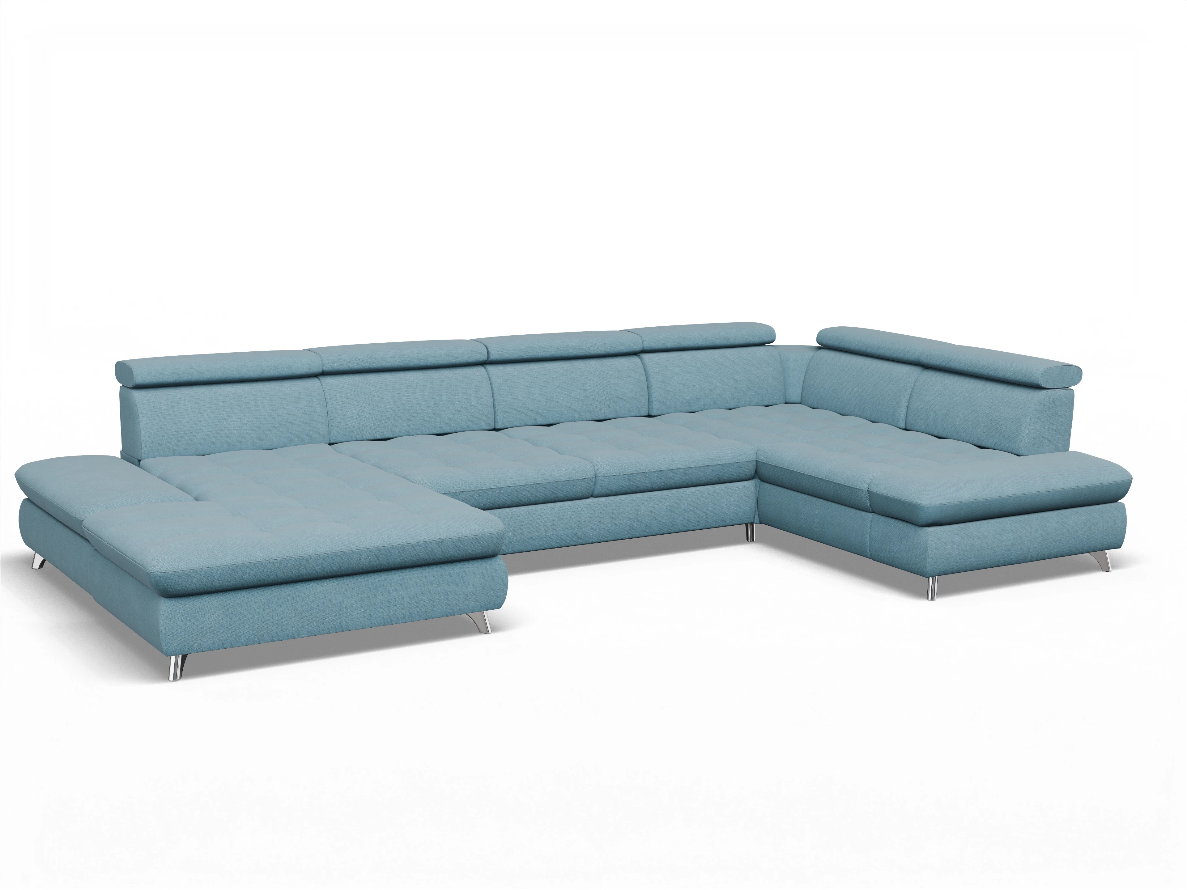 Ansicht des Produktes Memphis Stoff Wohnlandschaft Armlehne rechts Abschluss offen links in Stoff Blau