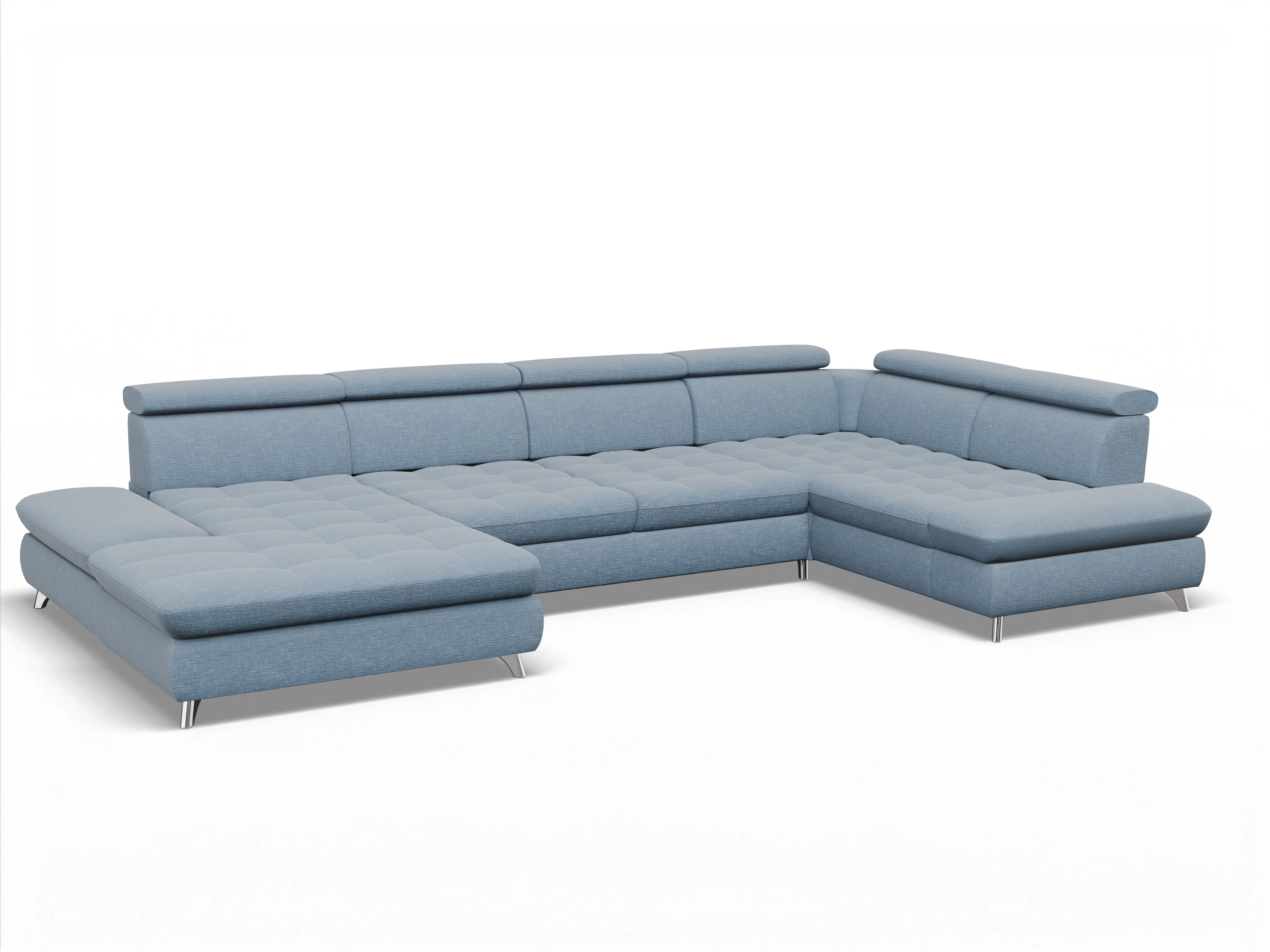 Ansicht des Produktes Memphis Stoff Wohnlandschaft Armlehne rechts Abschluss offen links in Stoff Blau