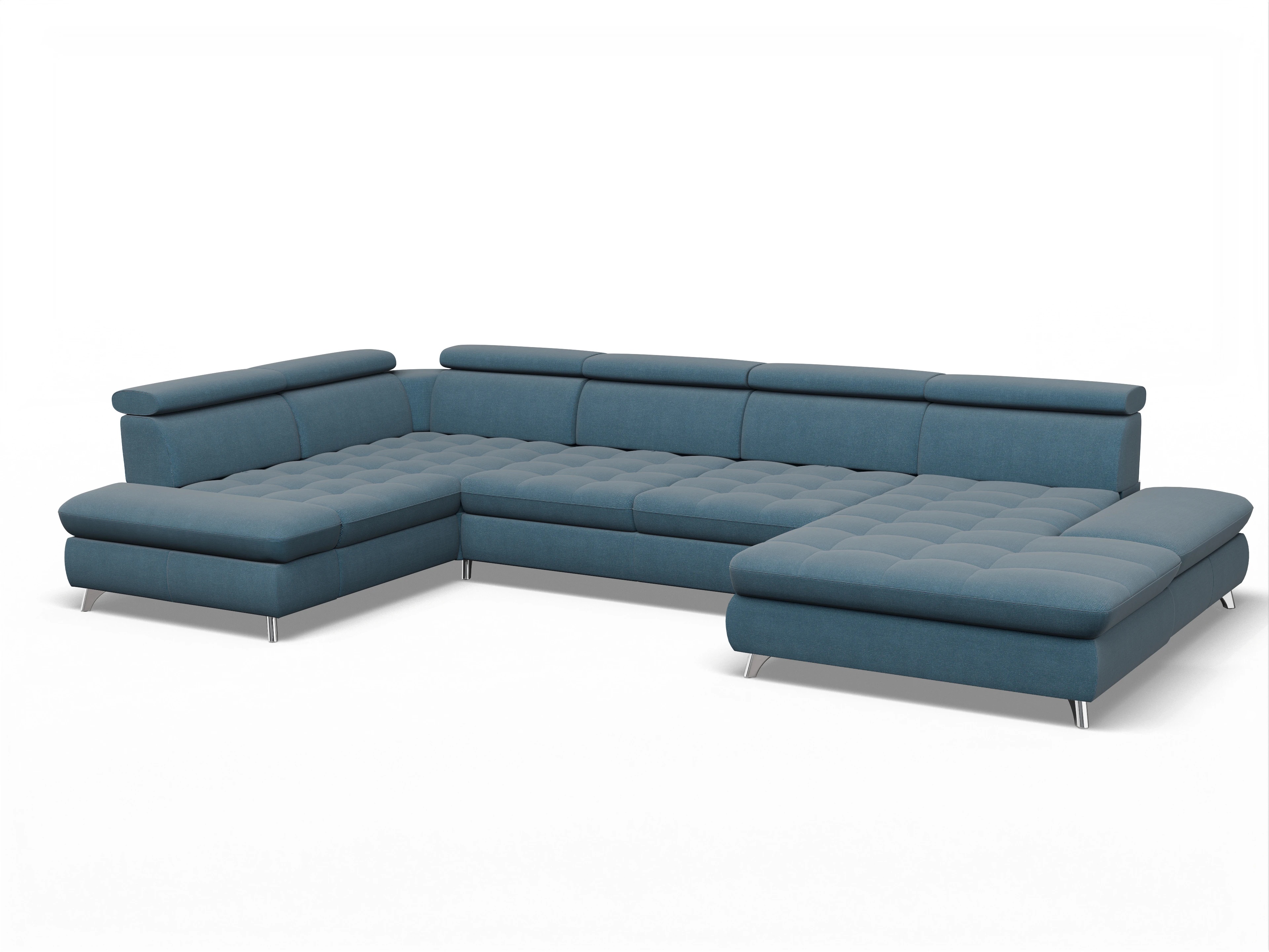 Ansicht des Produktes Memphis Stoff Wohnlandschaft Armlehne links Abschluss offen rechts in Stoff Blau