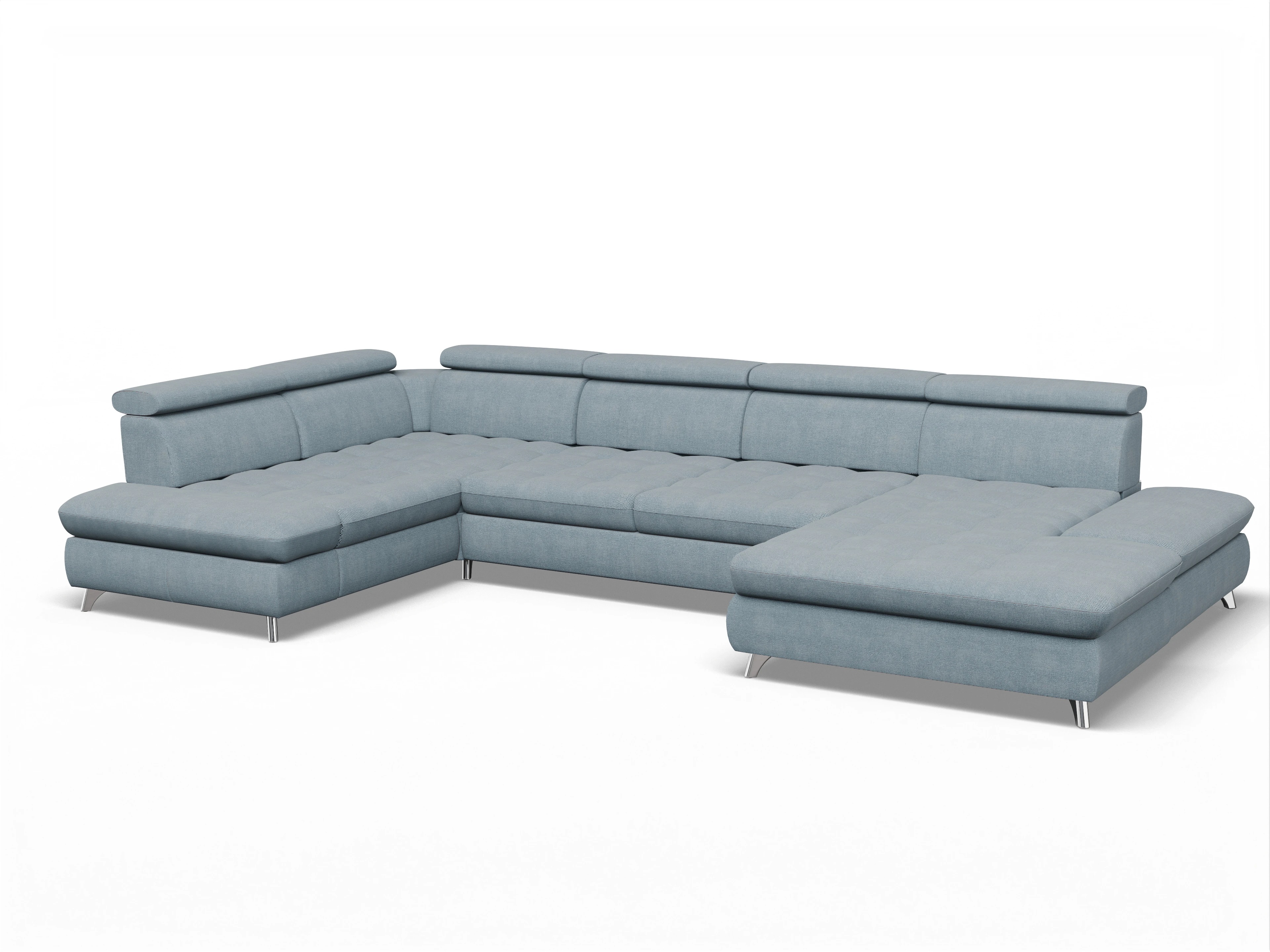 Ansicht des Produktes Memphis Stoff Wohnlandschaft Armlehne links Abschluss offen rechts in Stoff Blau