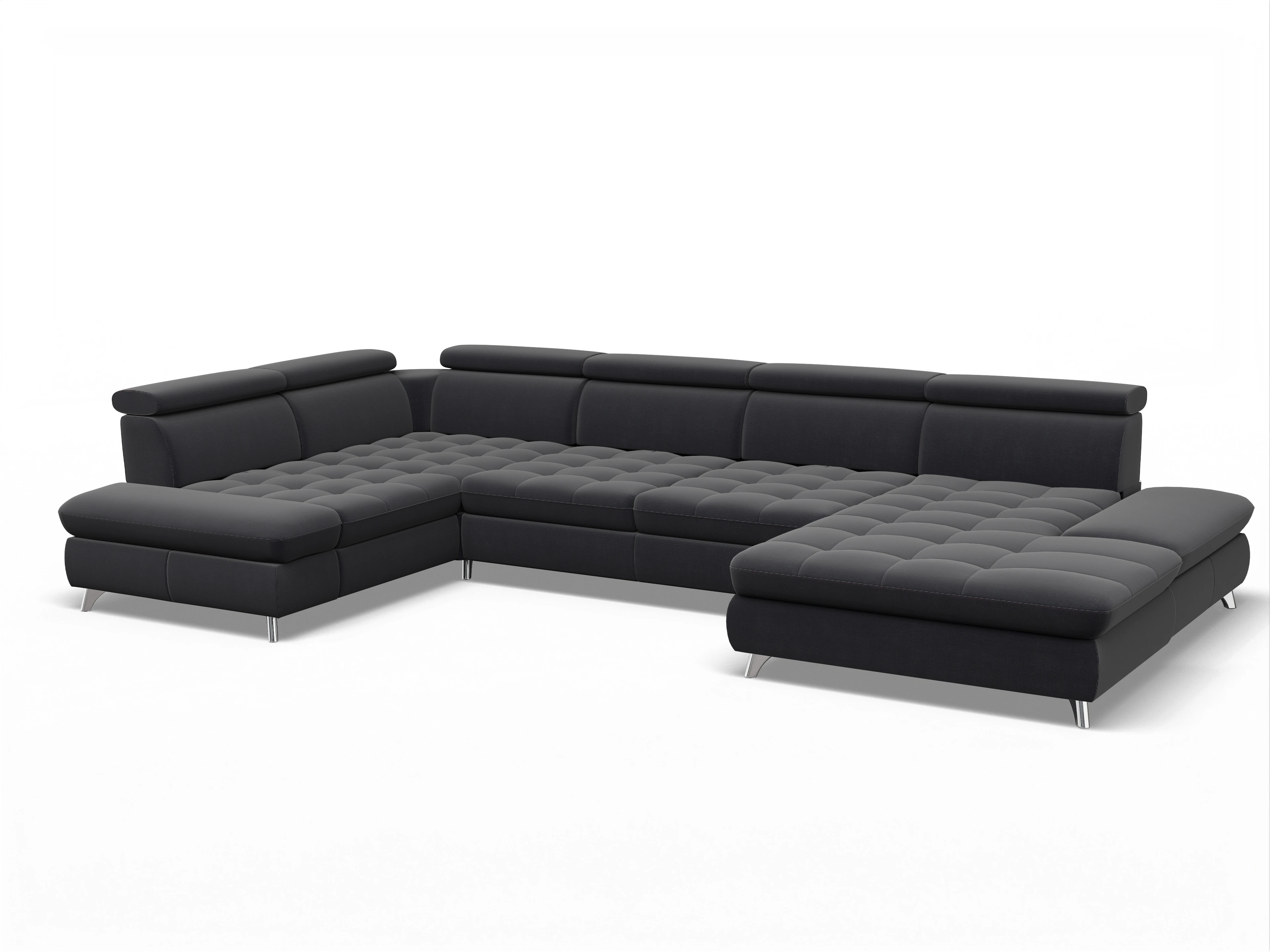 Ansicht des Produktes Memphis Stoff Wohnlandschaft Armlehne links Abschluss offen rechts in Stoff Blau