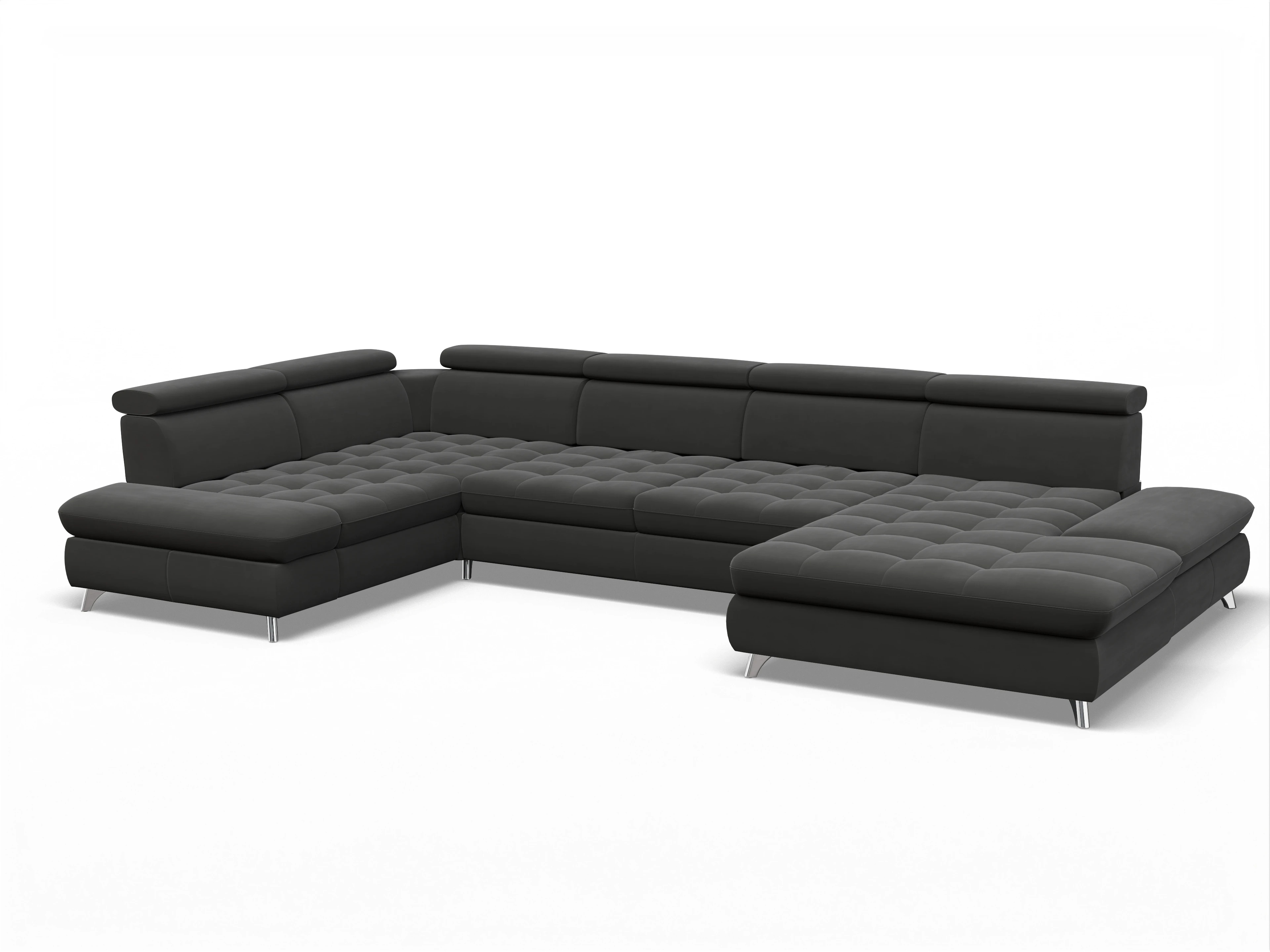 Ansicht des Produktes Memphis Stoff Wohnlandschaft Armlehne links Abschluss offen rechts in Stoff Grau