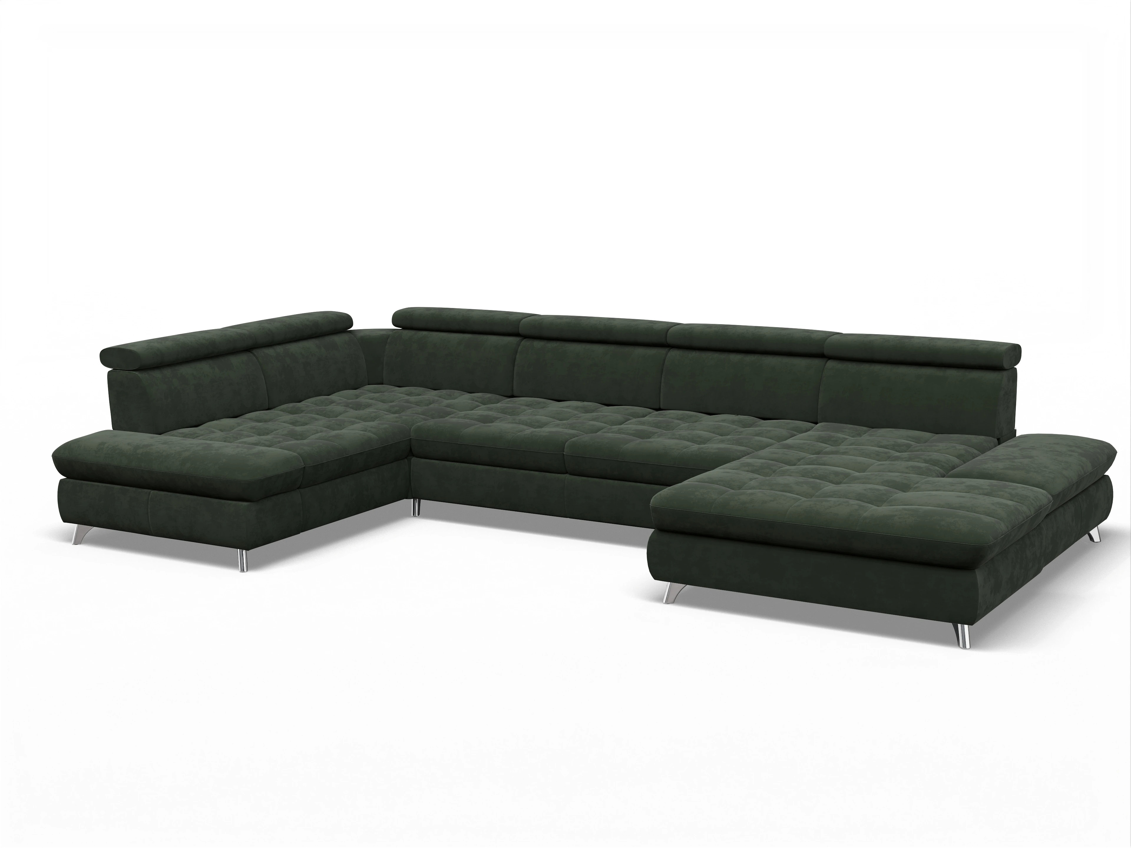 Ansicht des Produktes Memphis Stoff Wohnlandschaft Armlehne links Abschluss offen rechts in Stoff Grün