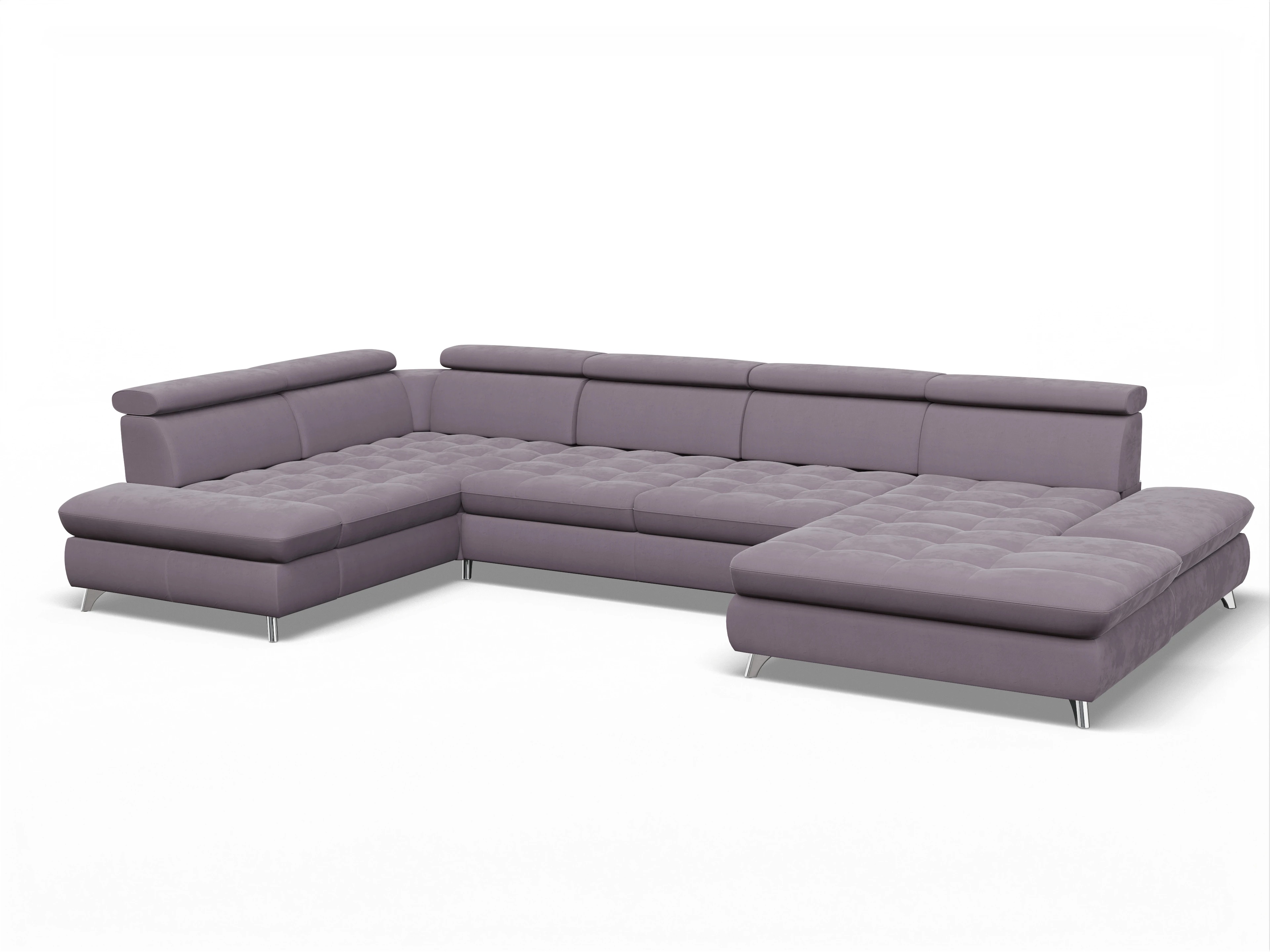 Ansicht des Produktes Memphis Stoff Wohnlandschaft Armlehne links Abschluss offen rechts in Stoff Lila