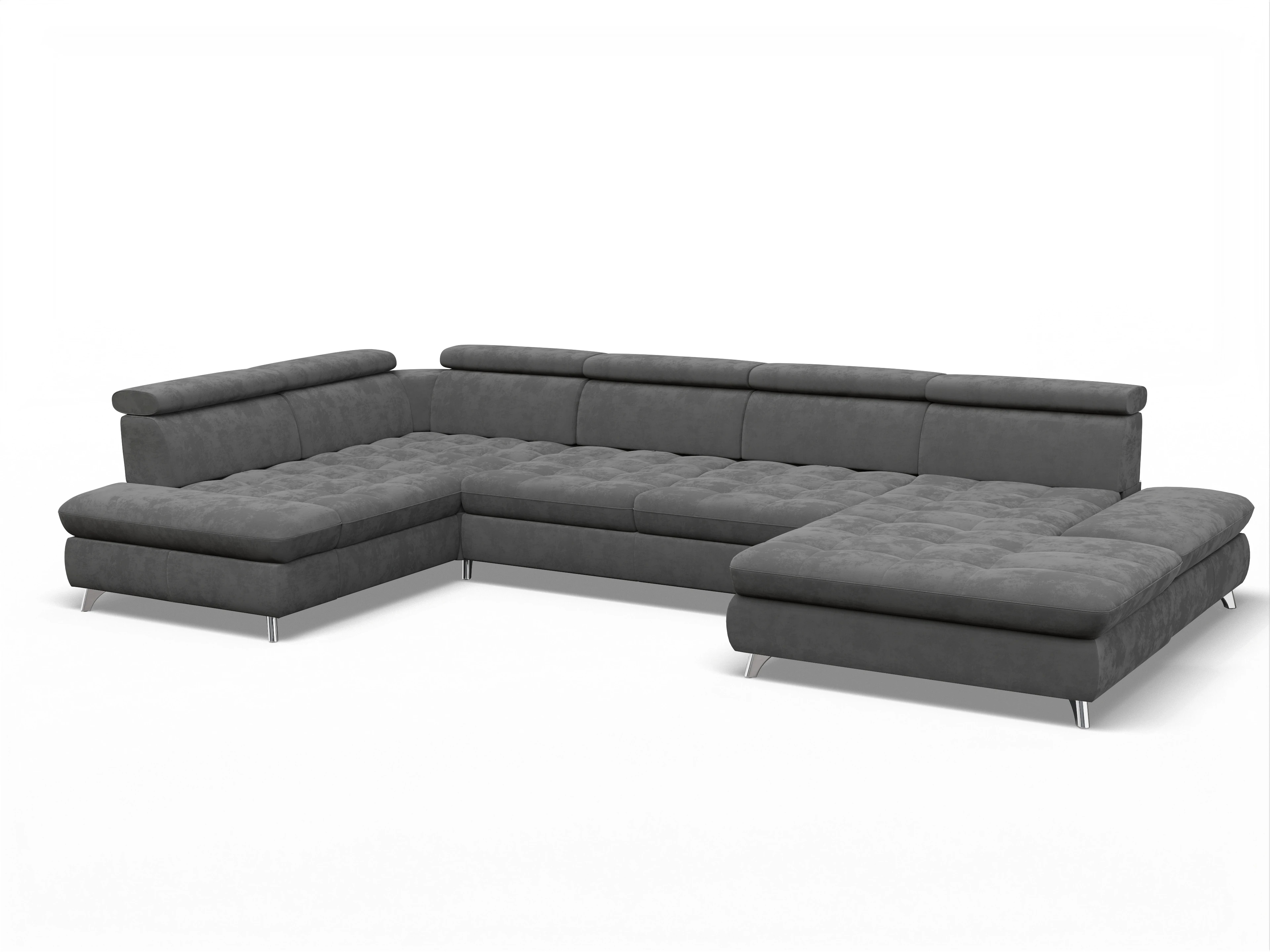 Ansicht des Produktes Memphis Stoff Wohnlandschaft Armlehne links Abschluss offen rechts in Stoff Grau