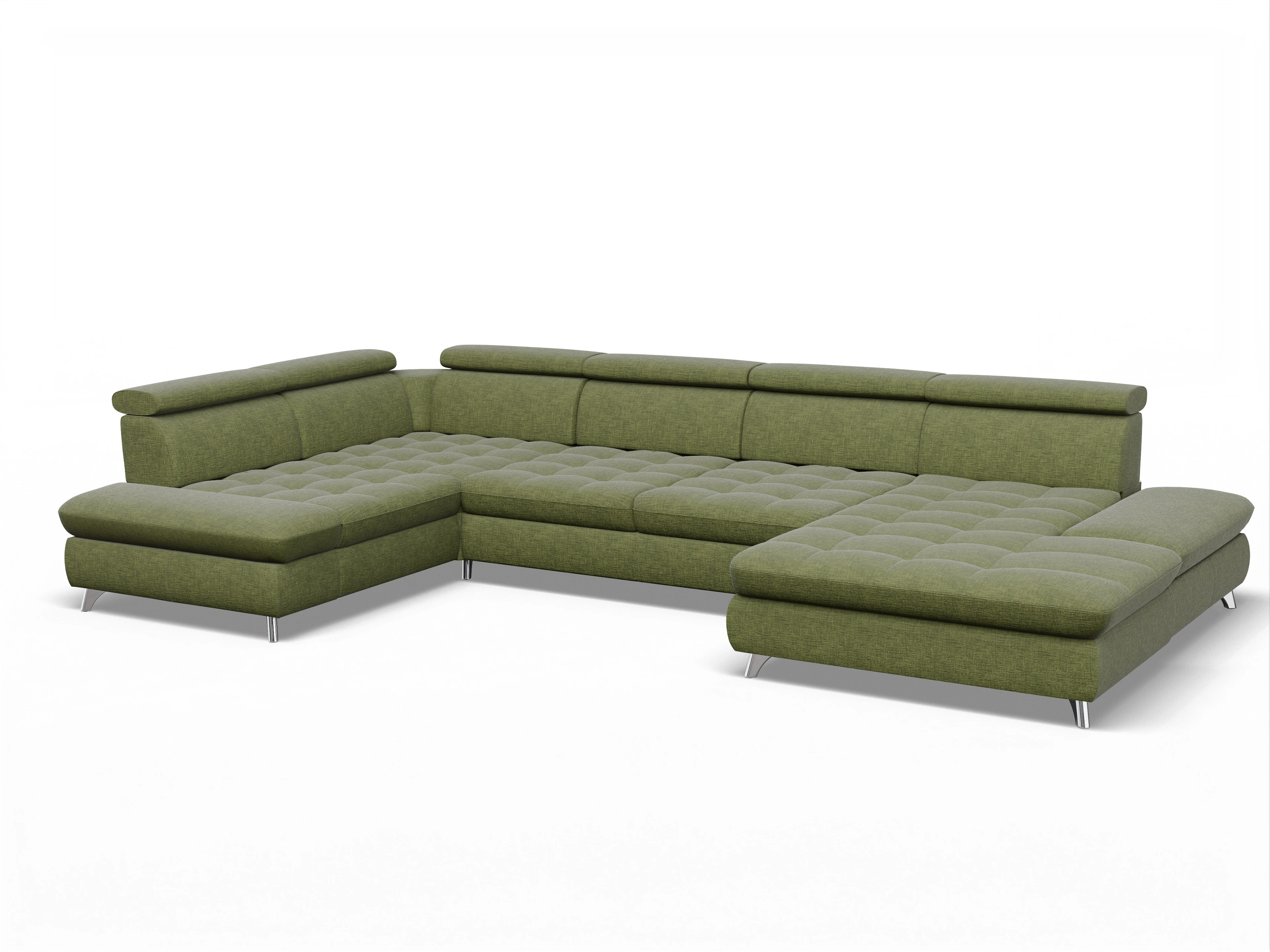Ansicht des Produktes Memphis Stoff Wohnlandschaft Armlehne links Abschluss offen rechts in Stoff Grün