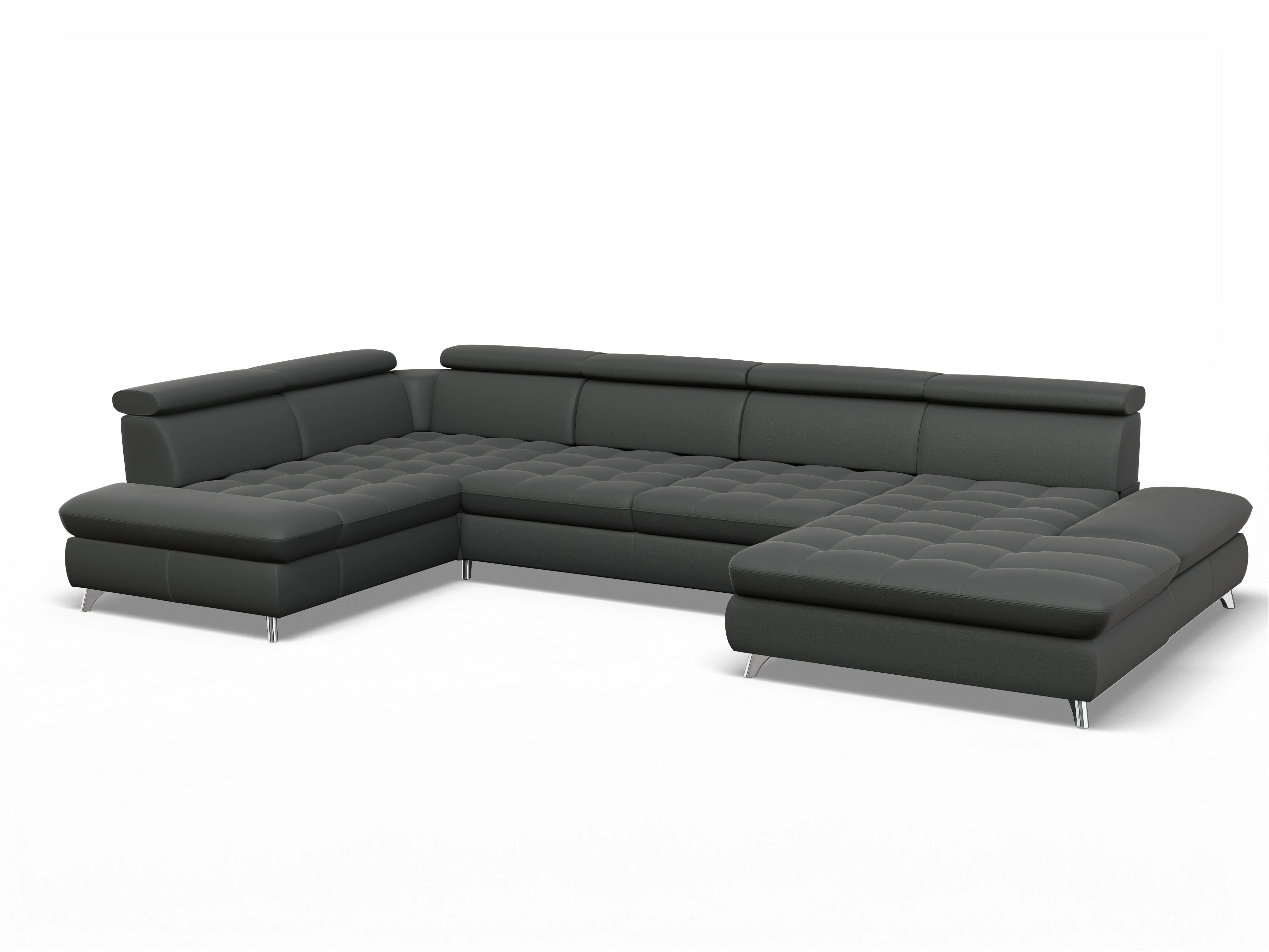 Ansicht des Produktes Memphis Stoff Wohnlandschaft Armlehne links Abschluss offen rechts in Leder Grau