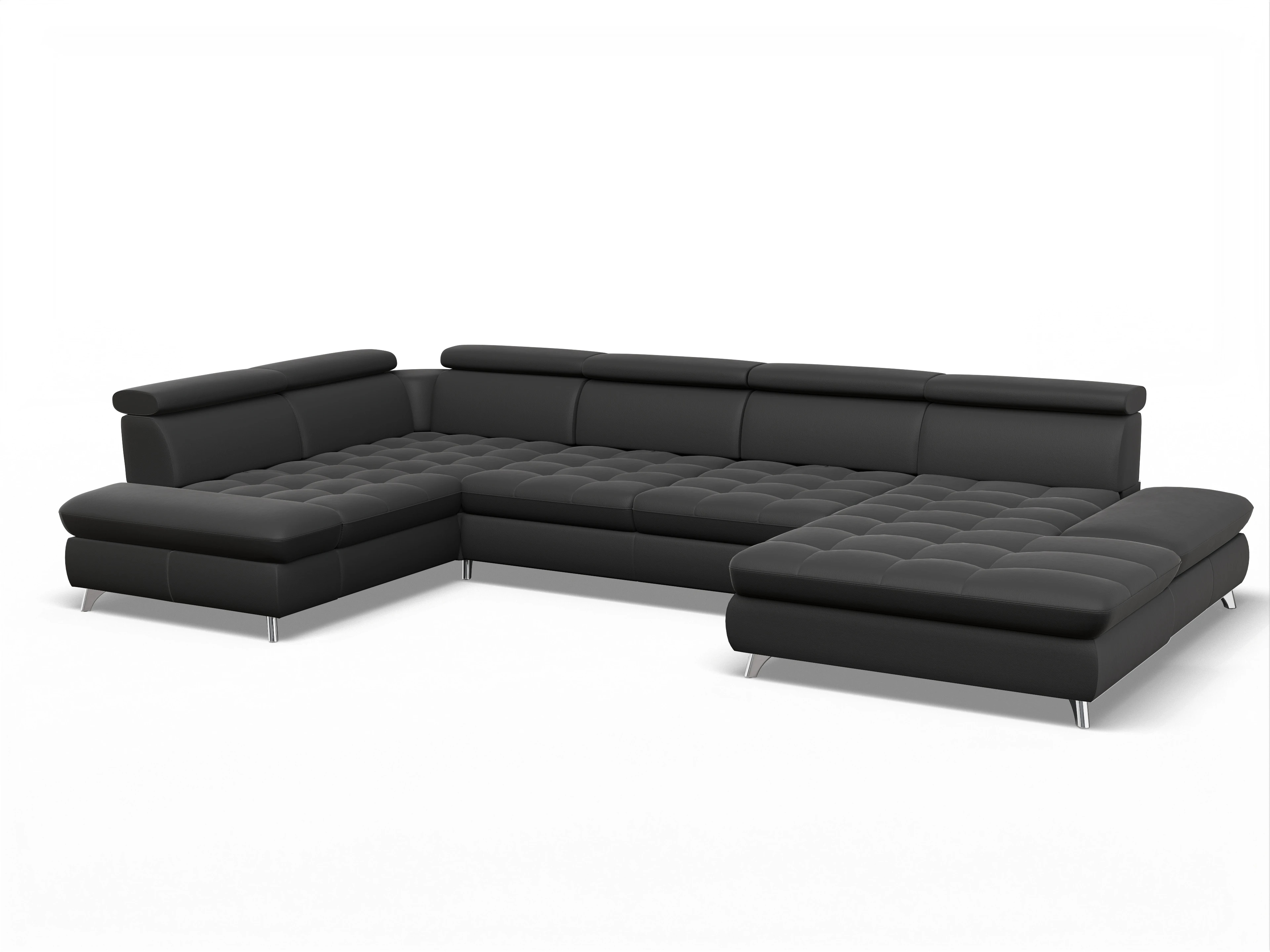 Ansicht des Produktes Memphis Stoff Wohnlandschaft Armlehne links Abschluss offen rechts in Leder Schwarz