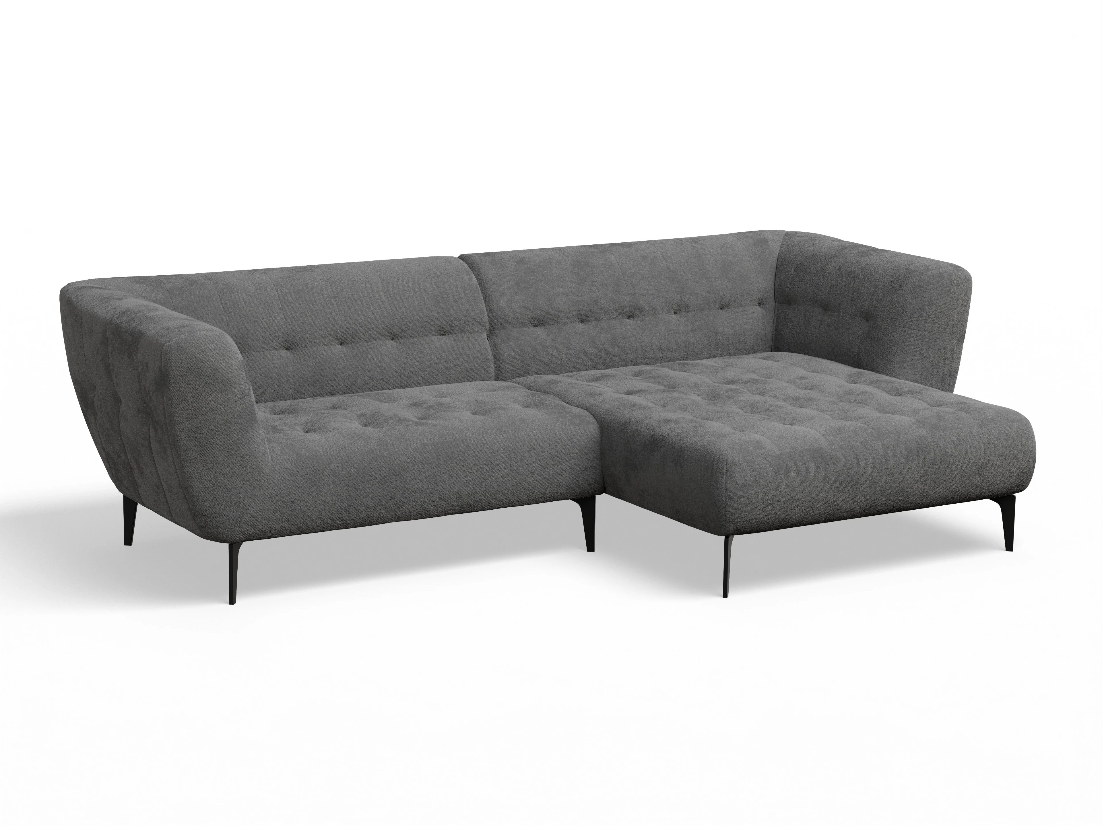 Vera Ecksofa mit Longchair rechts Ansicht des Produktes Vera Ecksofa rechts Abschluss offen in Stoff Grau