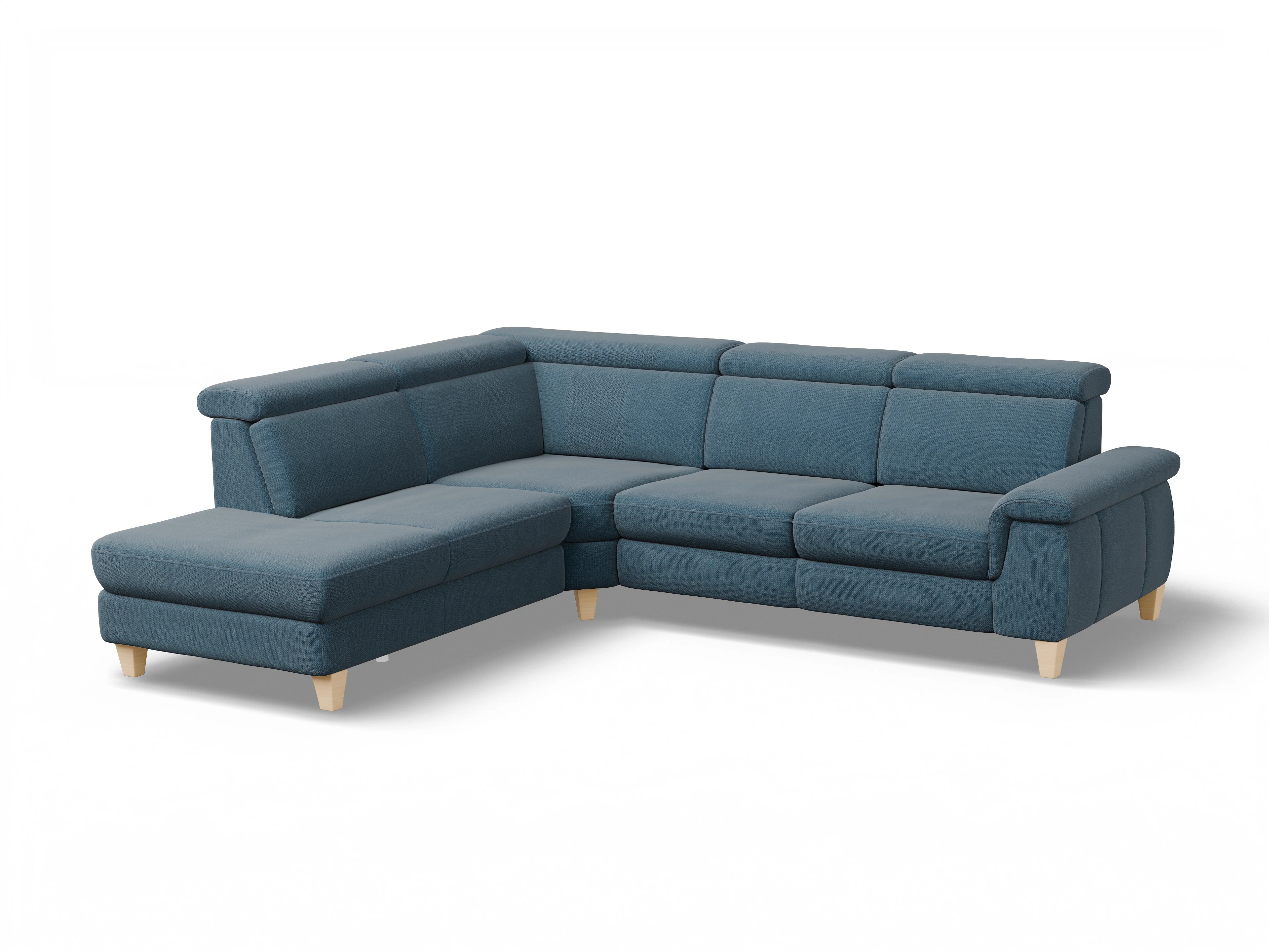 Ansicht des Produktes München Ecksofa links Abschluss offen in Stoff Blau