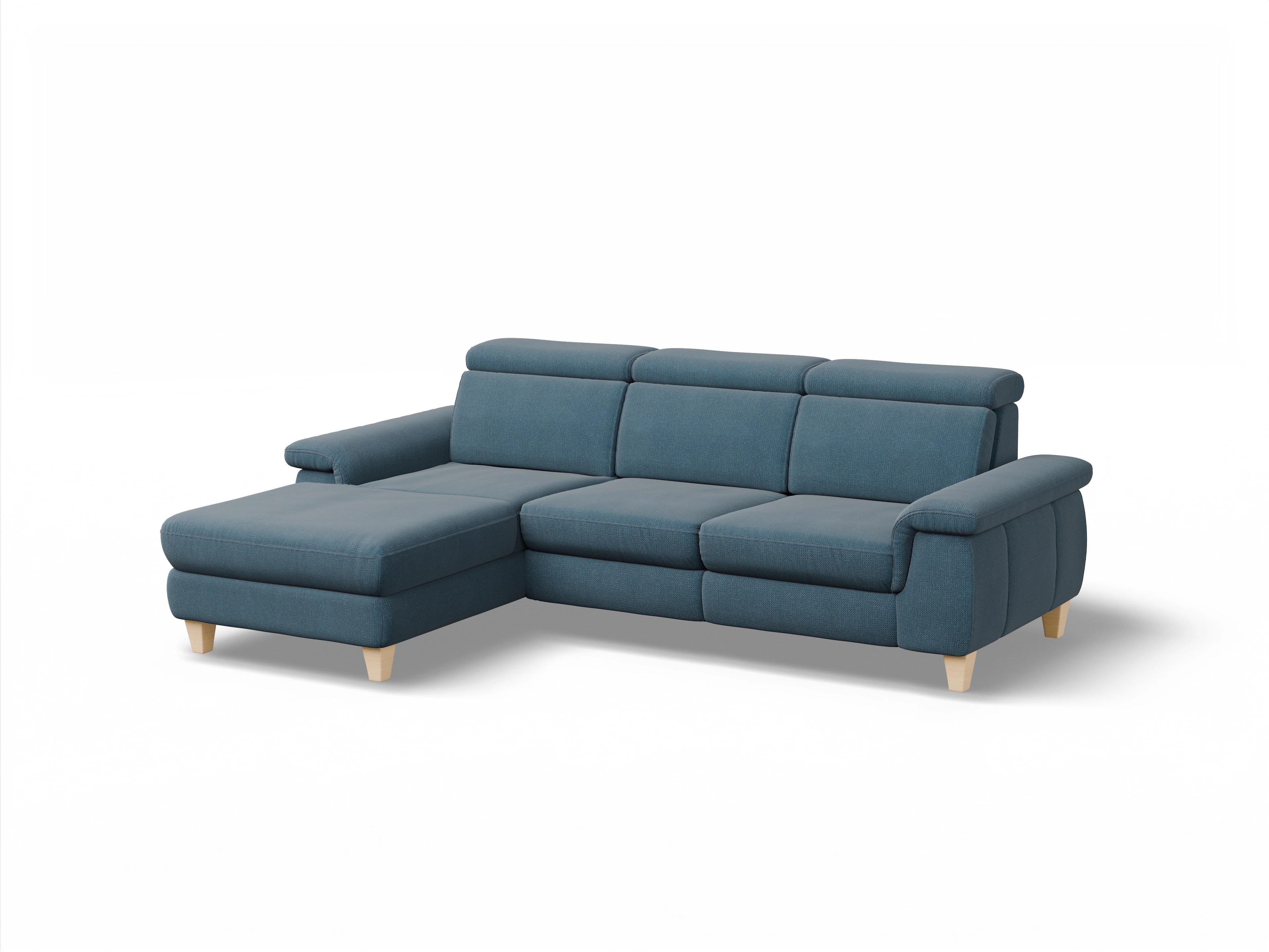 München LO Medium L Ansicht des Produktes München Ecksofa links Abschluss offen in Stoff Blau
