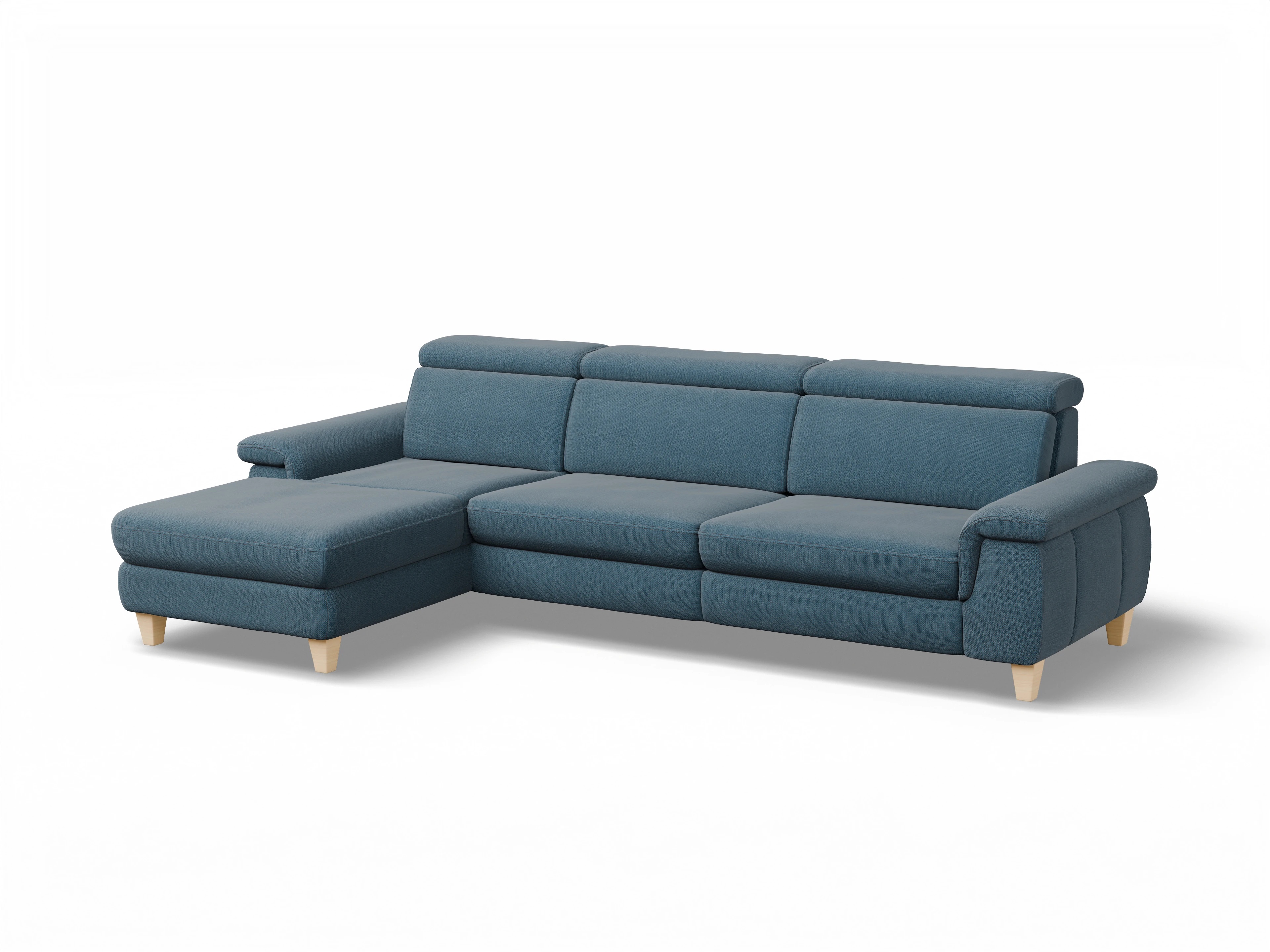 Ansicht des Produktes München Ecksofa links Abschluss offen in Stoff Blau