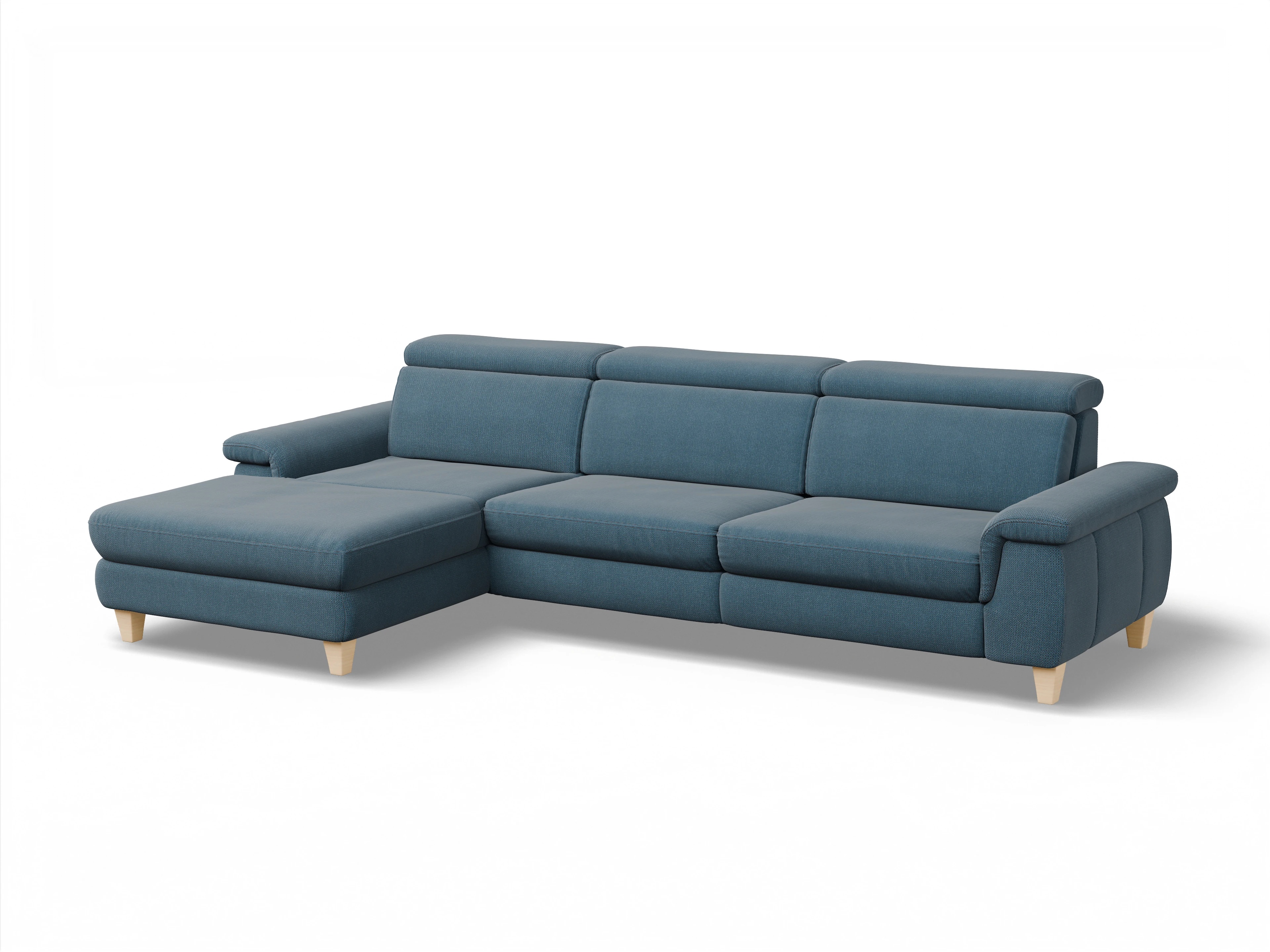 Ansicht des Produktes München Ecksofa links Abschluss offen in Stoff Blau