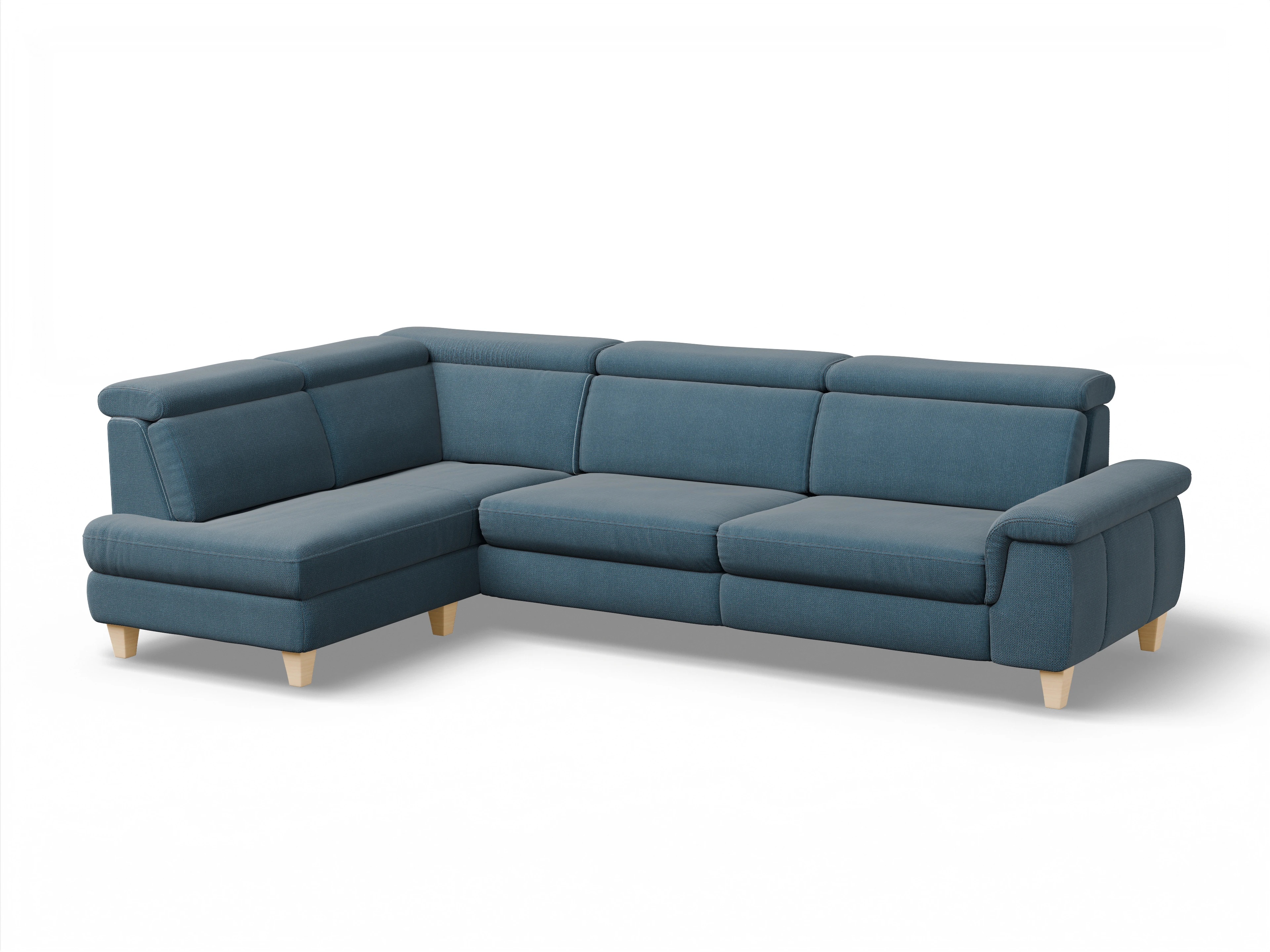 Ansicht des Produktes München Ecksofa links Abschluss offen in Stoff Blau