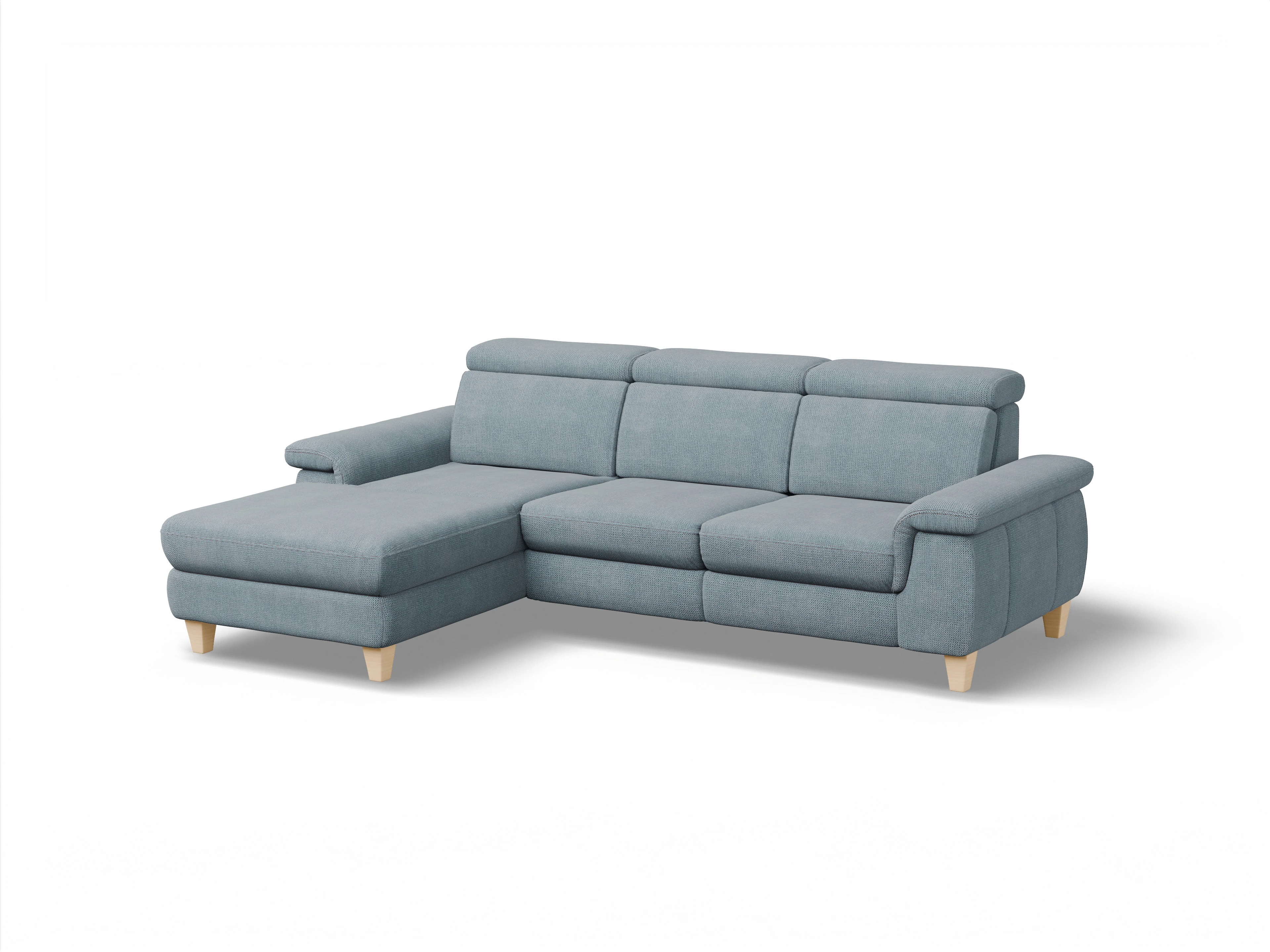Ansicht des Produktes München Ecksofa links Abschluss offen in Stoff Blau