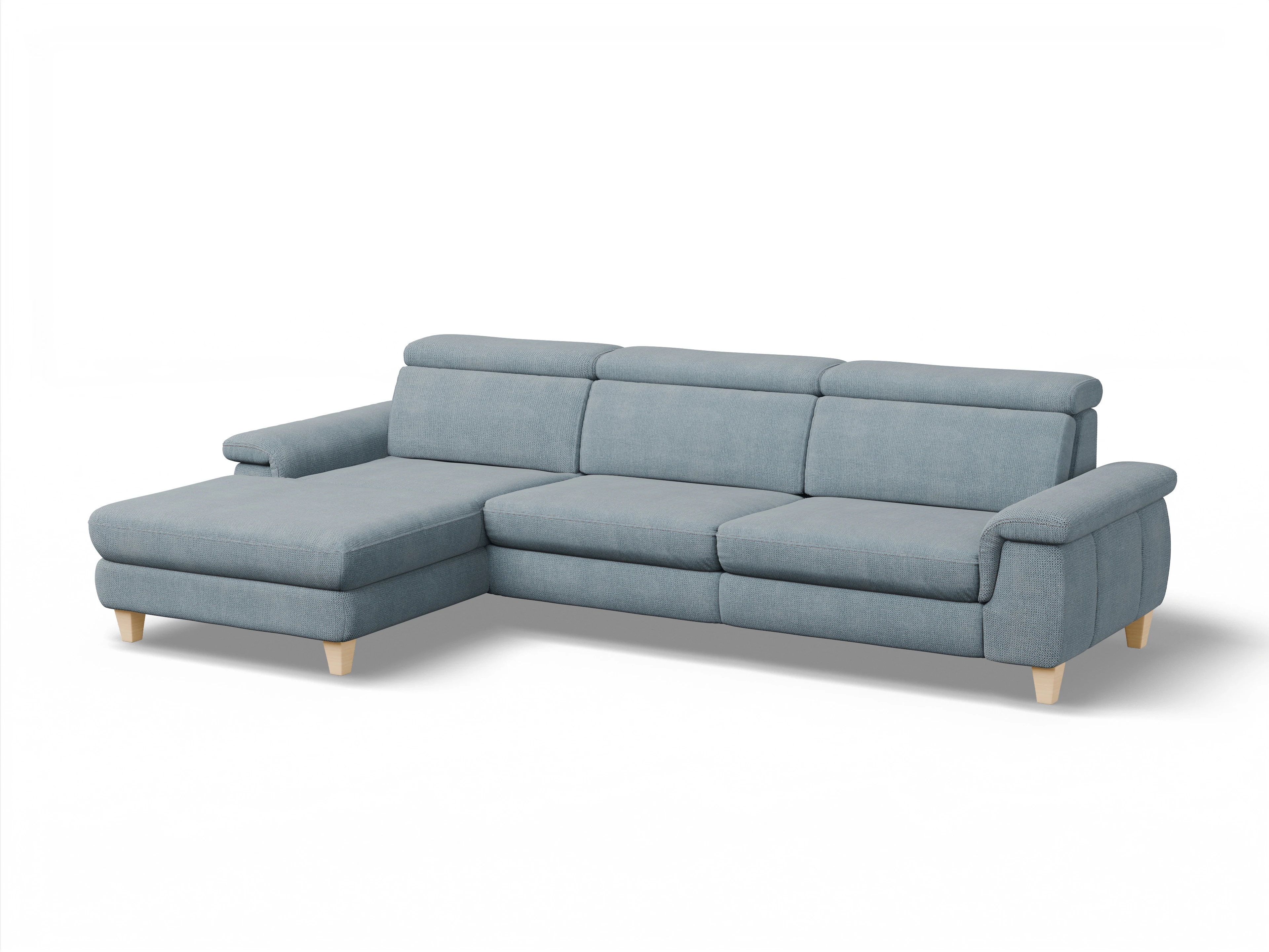 München LOgroß Large L Ansicht des Produktes München Ecksofa links Abschluss offen in Stoff Blau