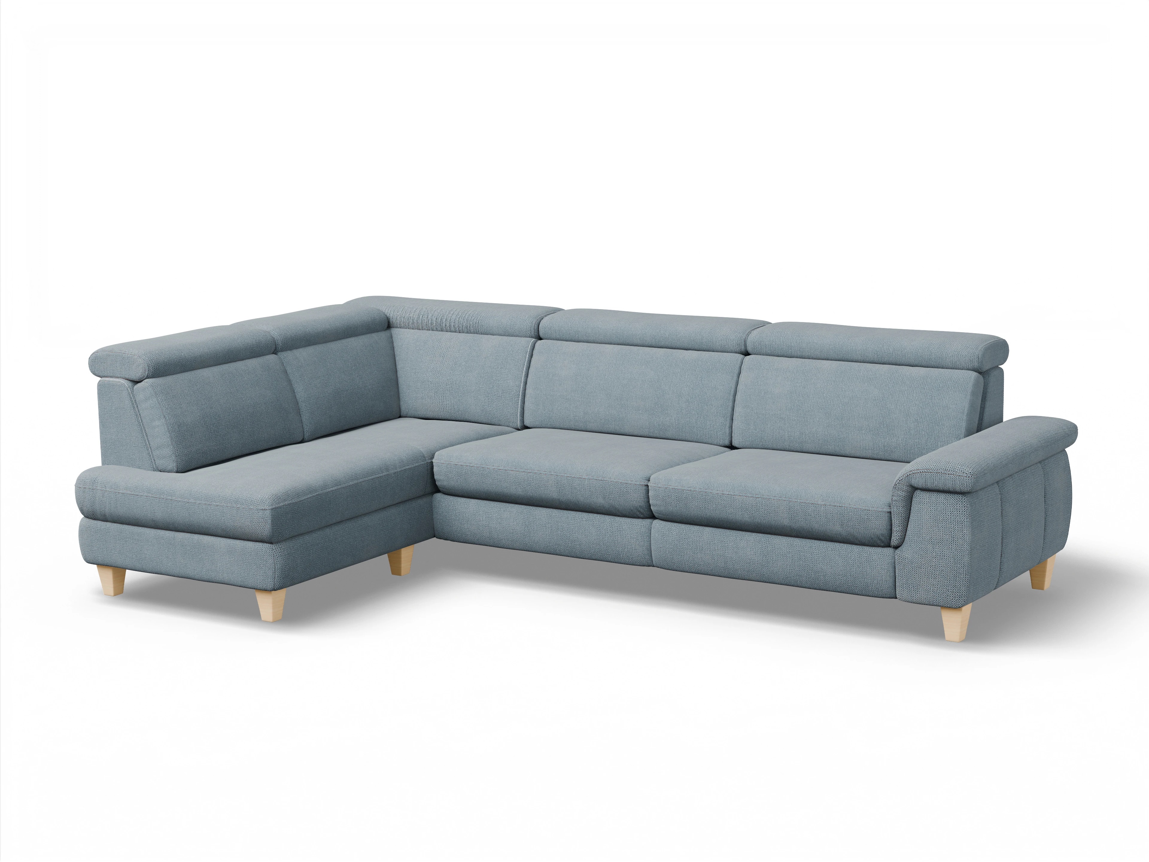 Ansicht des Produktes München Ecksofa links Abschluss offen in Stoff Blau