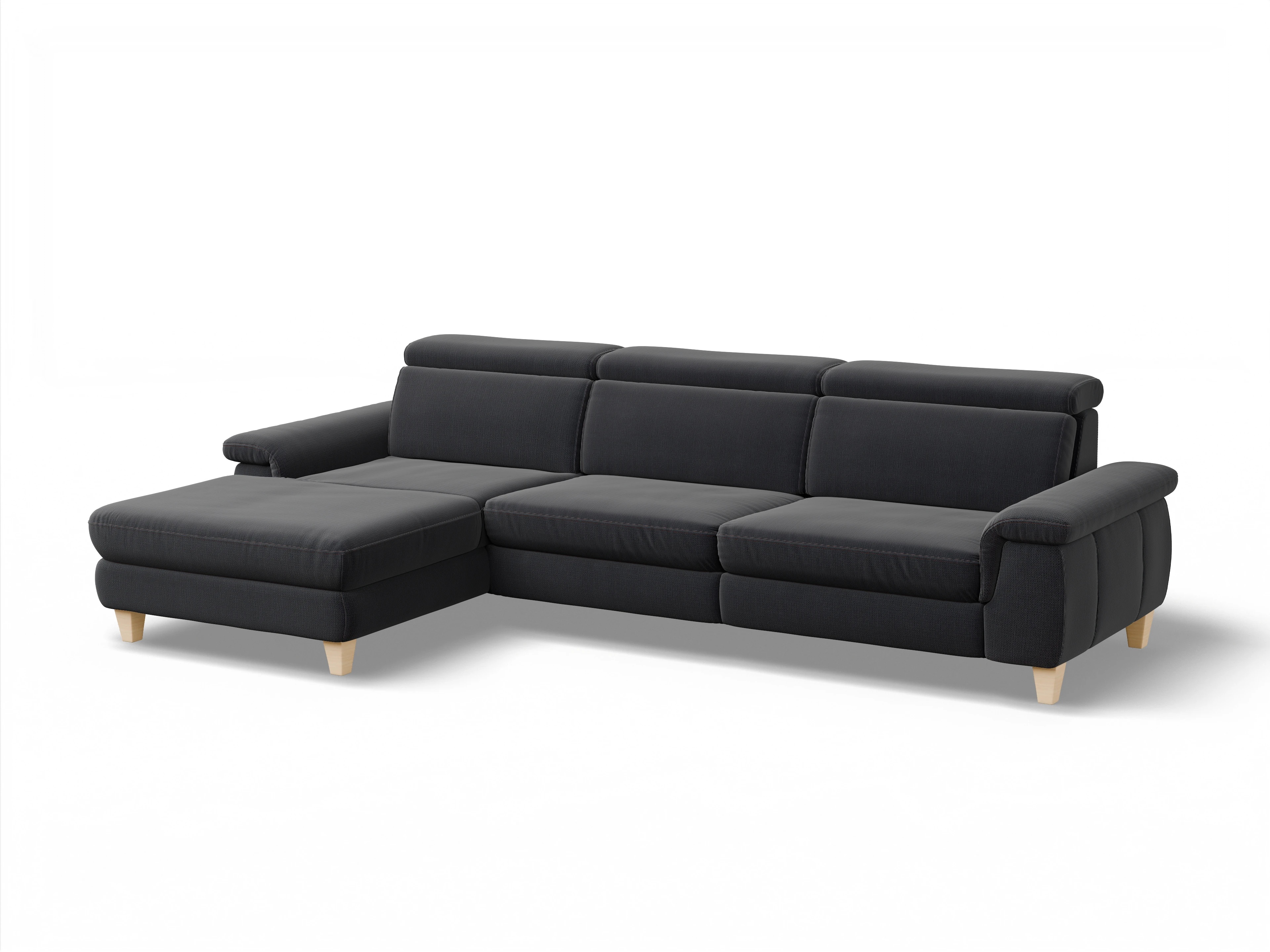 Ansicht des Produktes München Ecksofa links Abschluss offen in Stoff Blau