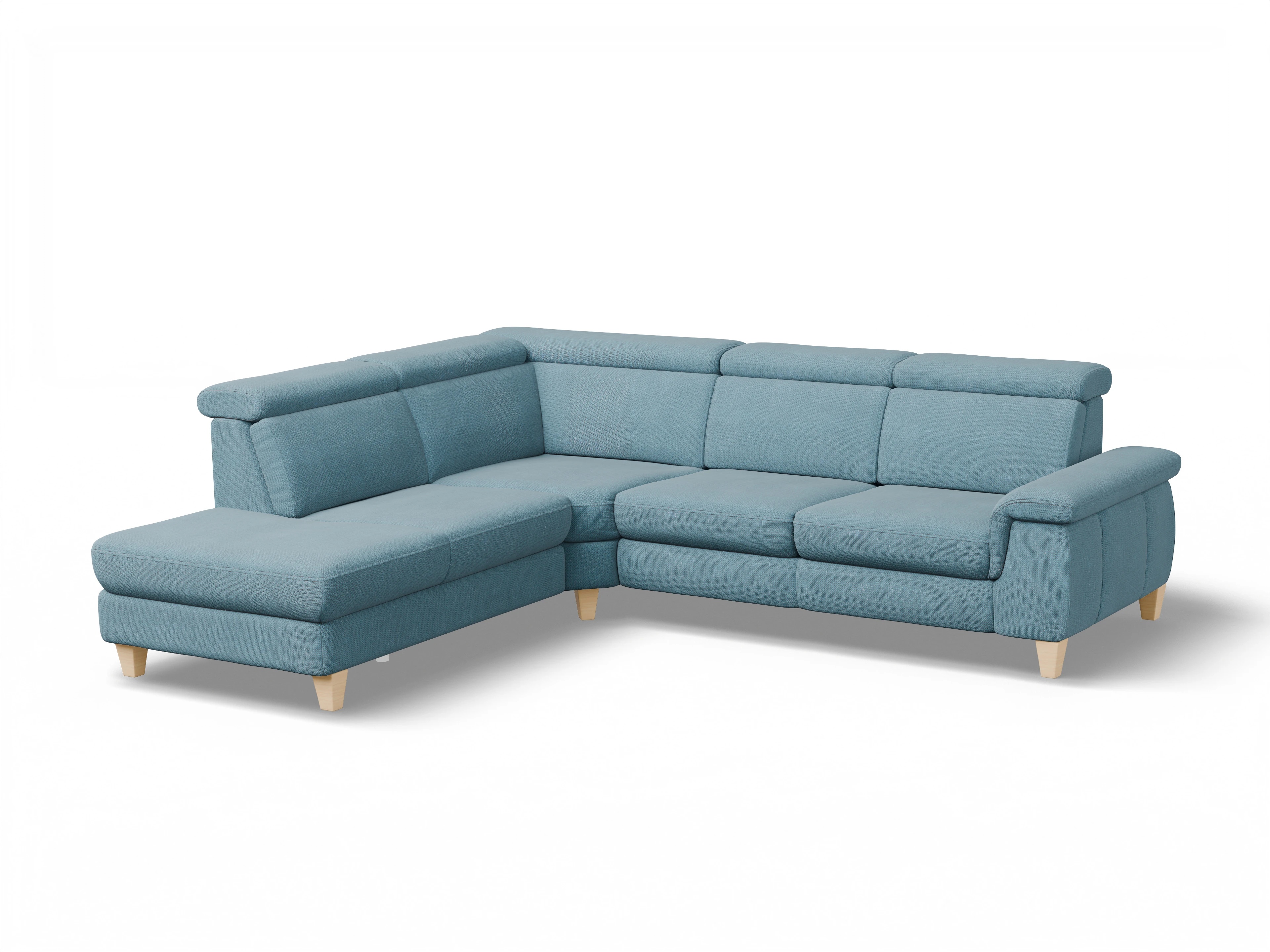 Ansicht des Produktes München Ecksofa links Abschluss offen in Stoff Blau