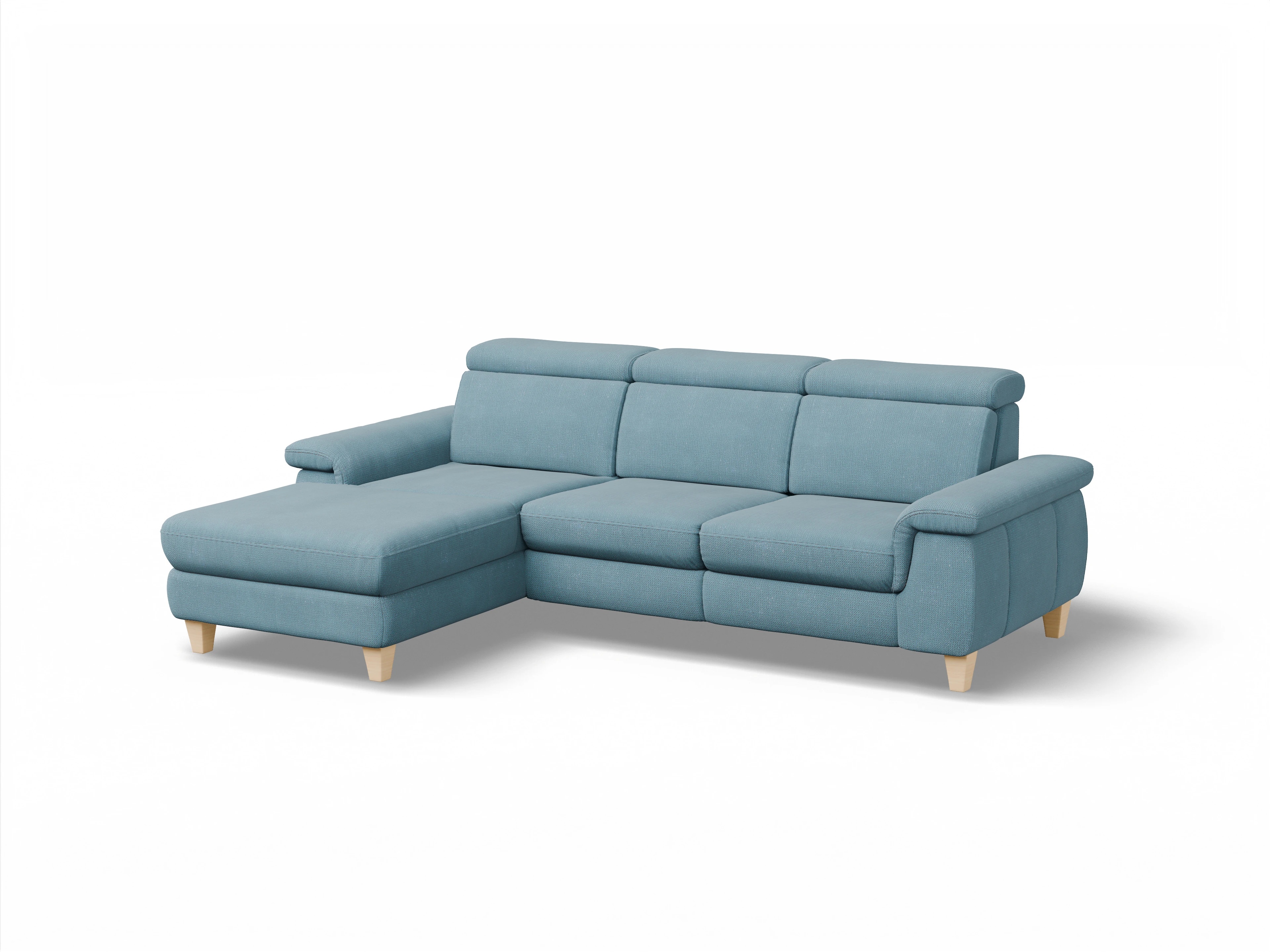 München LO Medium L Ansicht des Produktes München Ecksofa links Abschluss offen in Stoff Blau