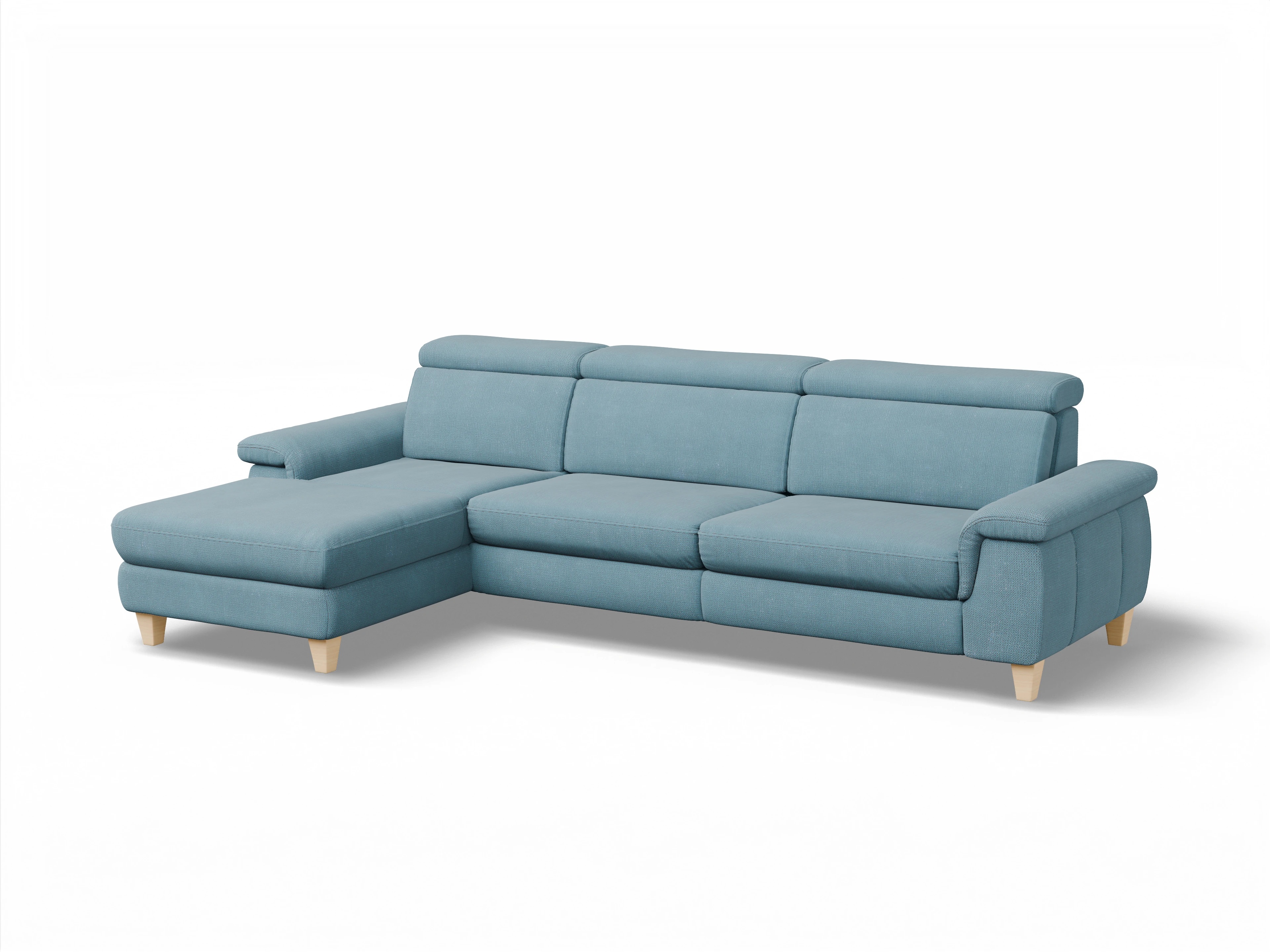 Ansicht des Produktes München Ecksofa links Abschluss offen in Stoff Blau