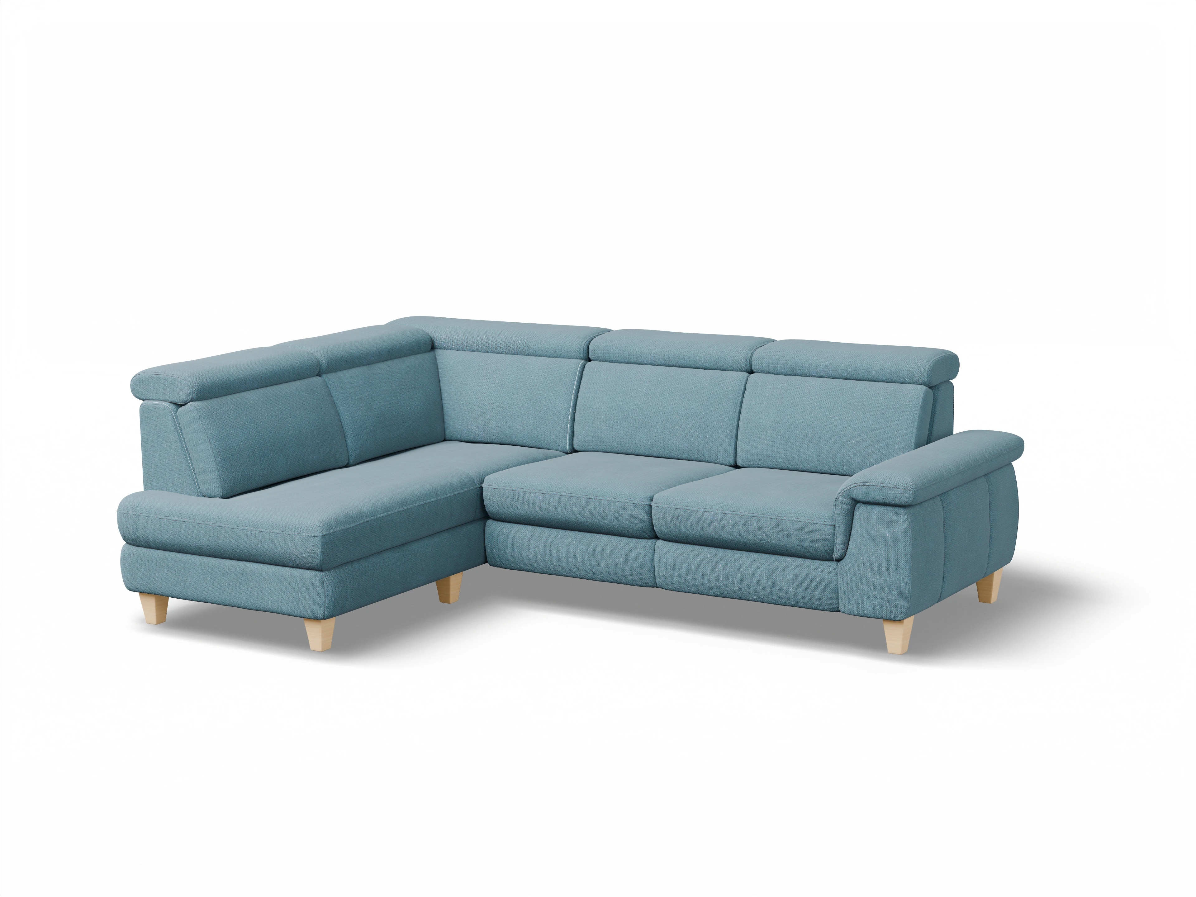 Ansicht des Produktes München Ecksofa links Abschluss offen in Stoff Blau