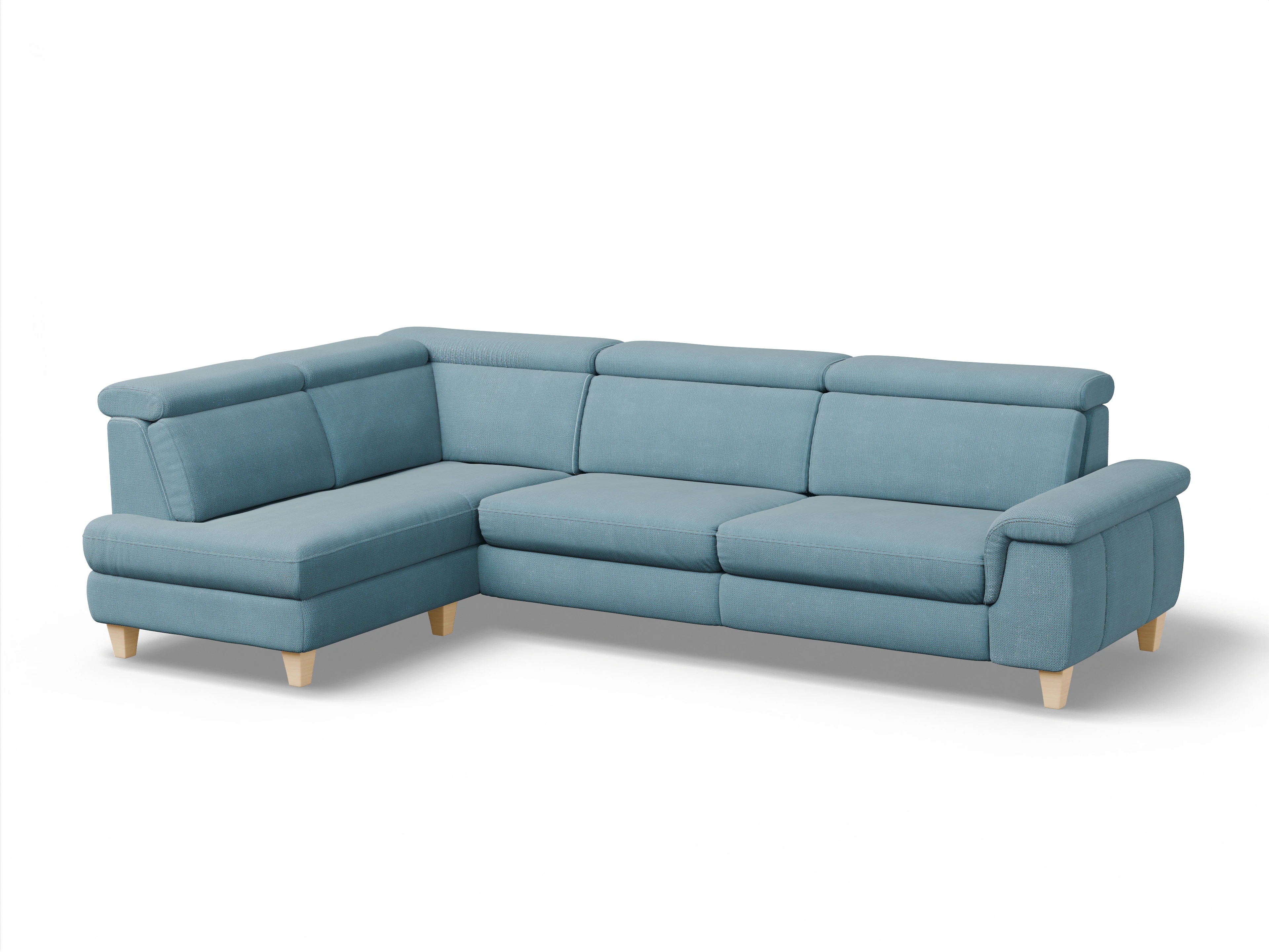 Ansicht des Produktes München Ecksofa links Abschluss offen in Stoff Blau
