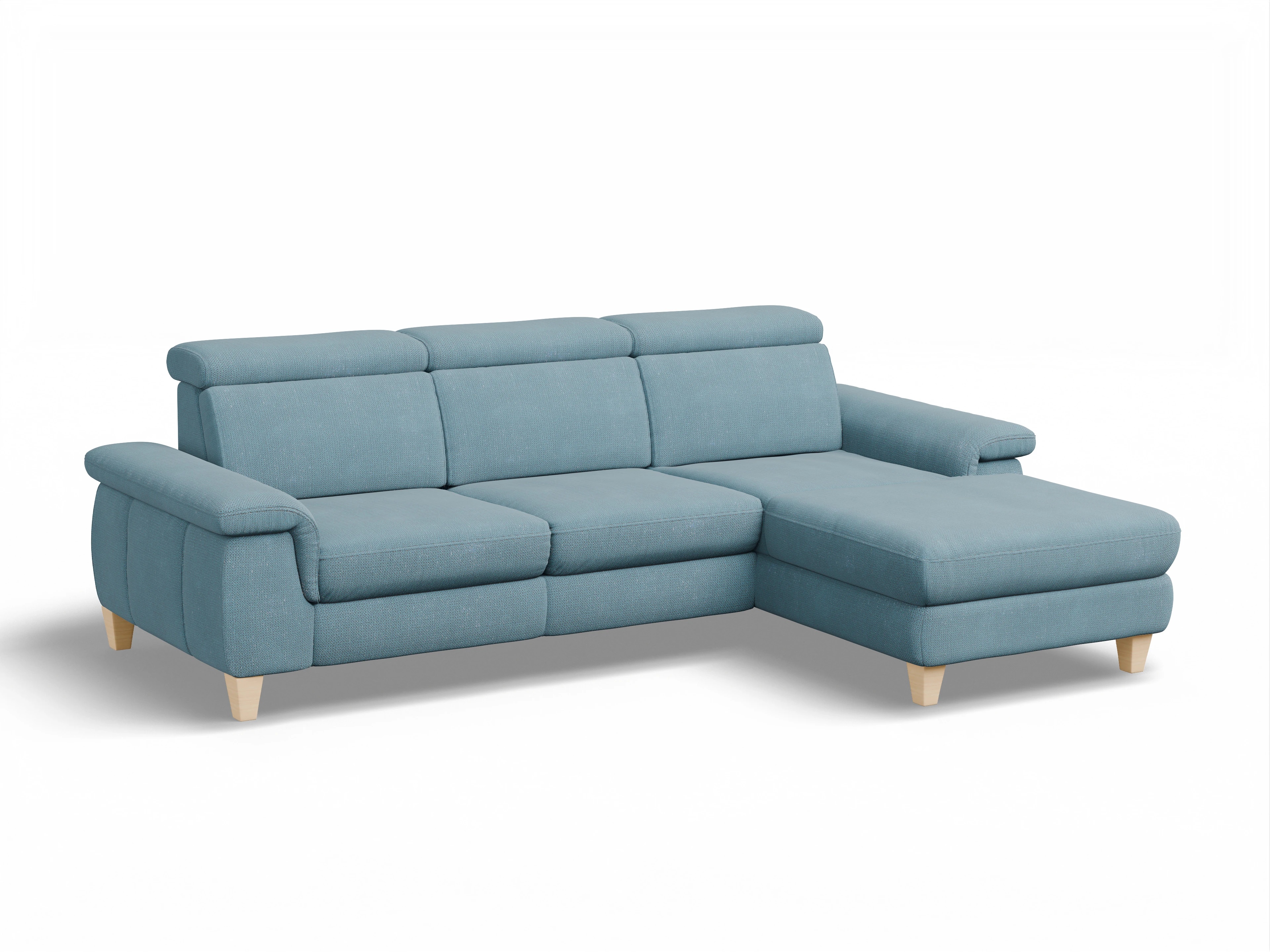 Ansicht des Produktes München Ecksofa rechts Abschluss offen in Stoff Blau