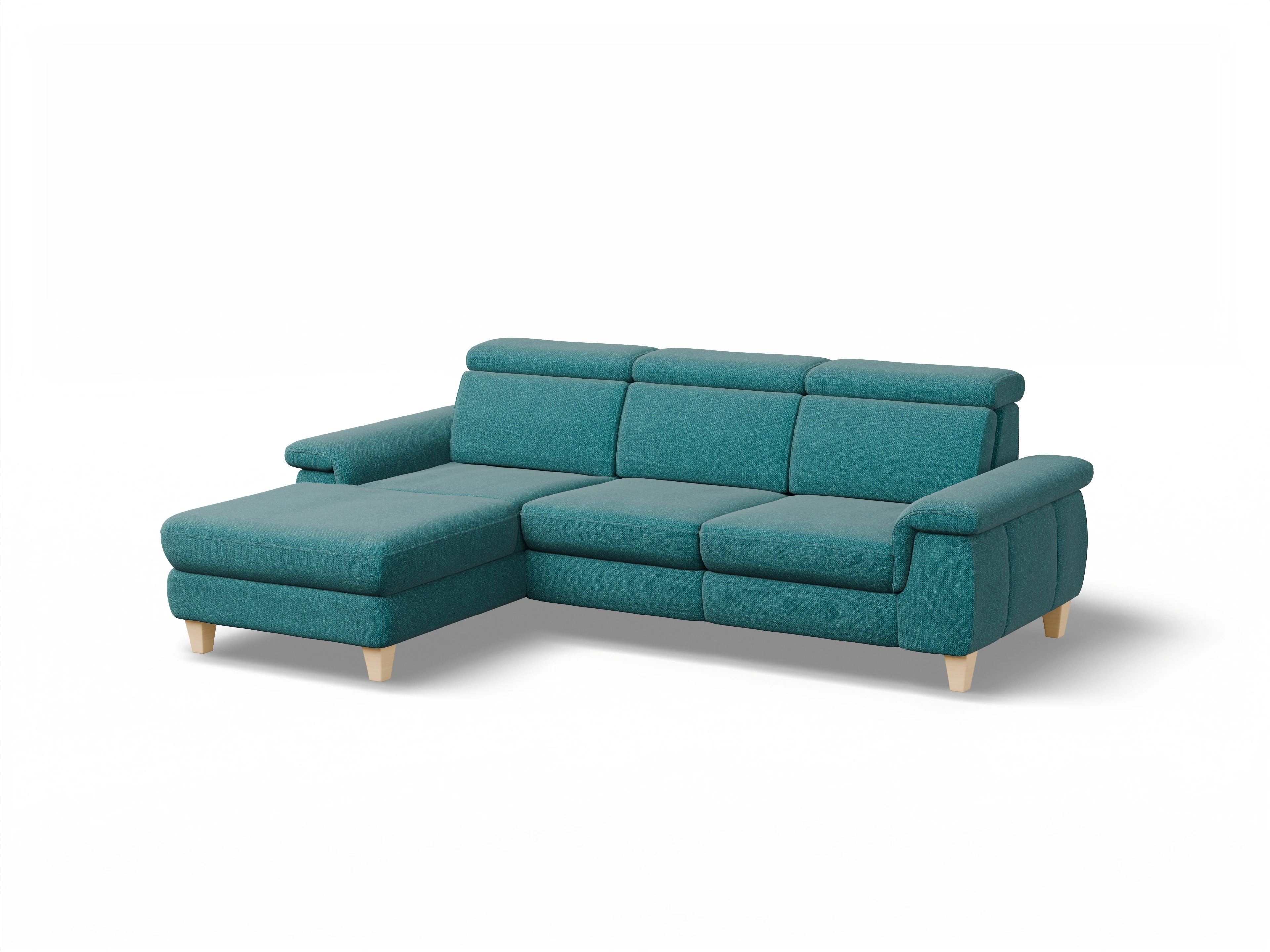 Ansicht des Produktes München Ecksofa links Abschluss offen in Stoff Blau