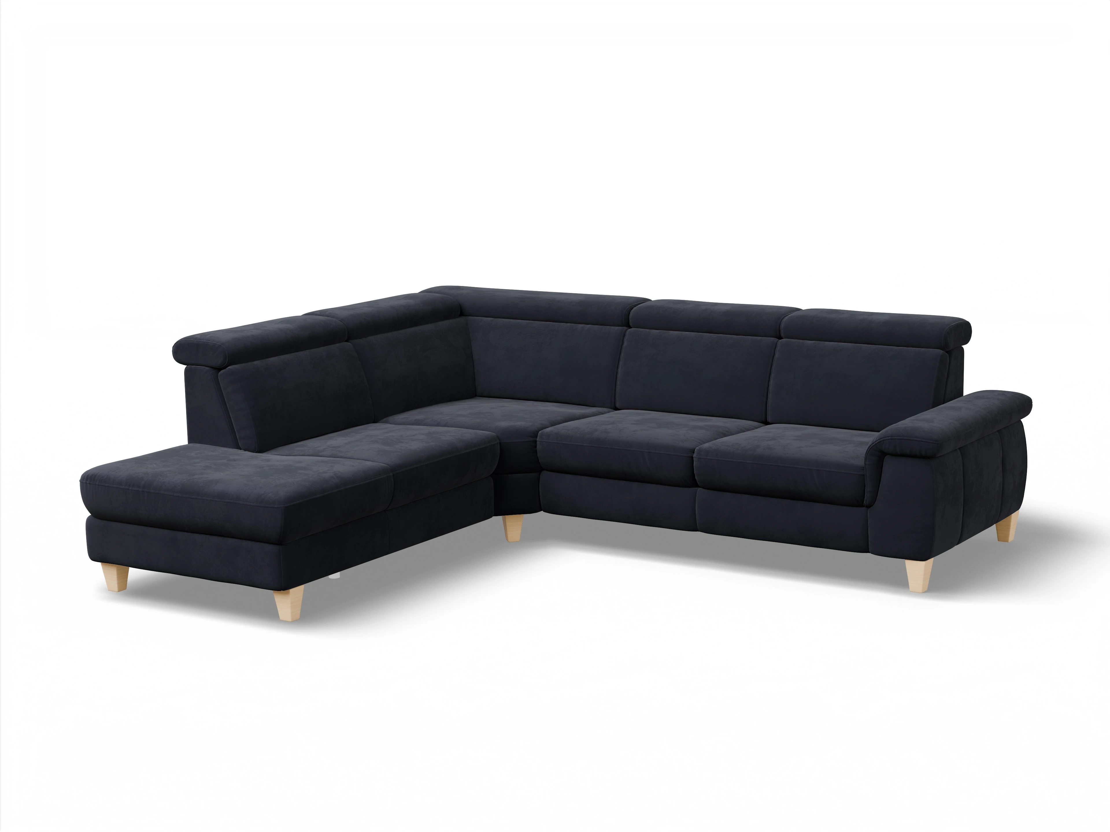 Ansicht des Produktes München Ecksofa links Abschluss offen in Stoff Blau