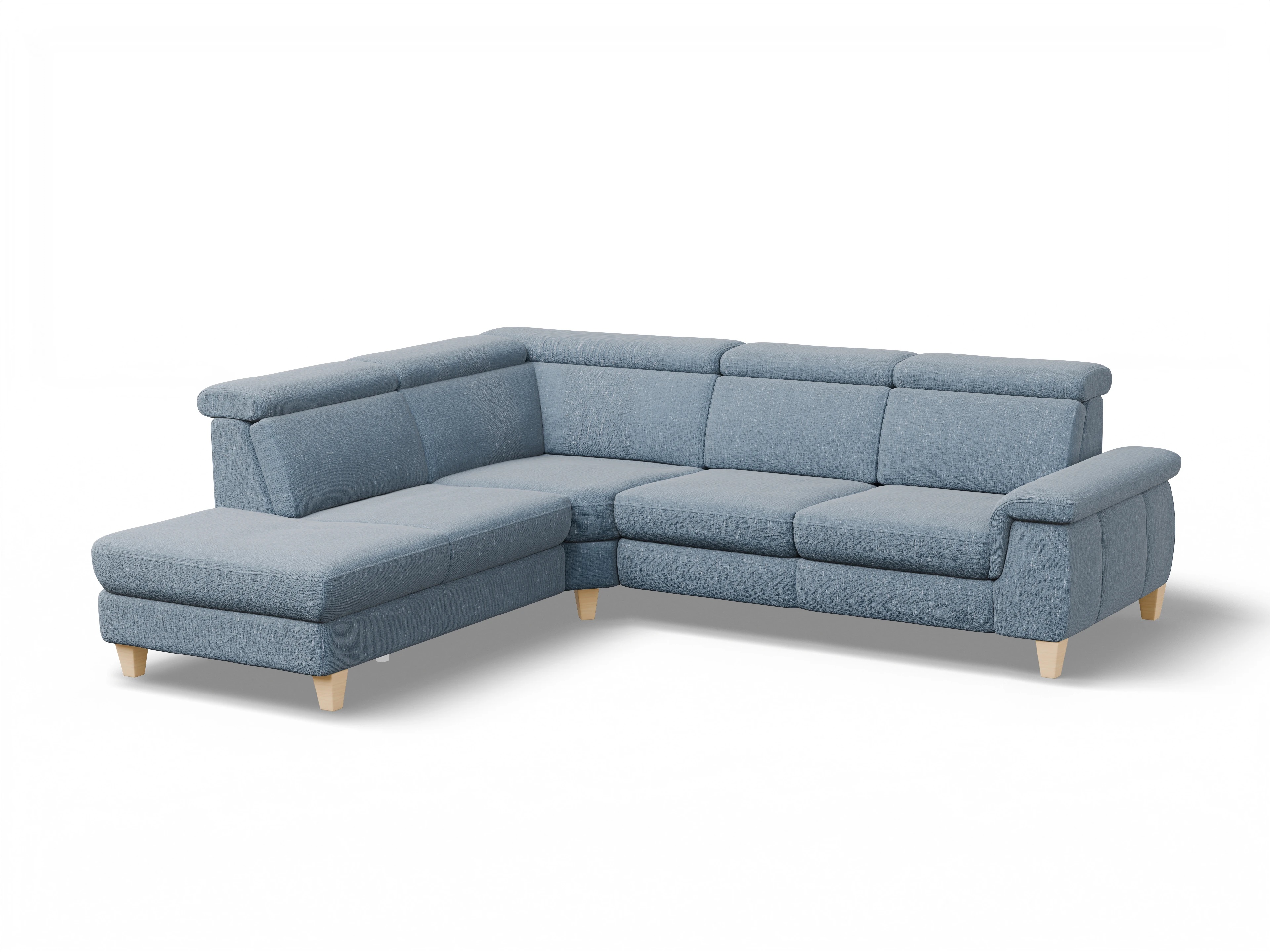 Ansicht des Produktes München Ecksofa links Abschluss offen in Stoff Blau