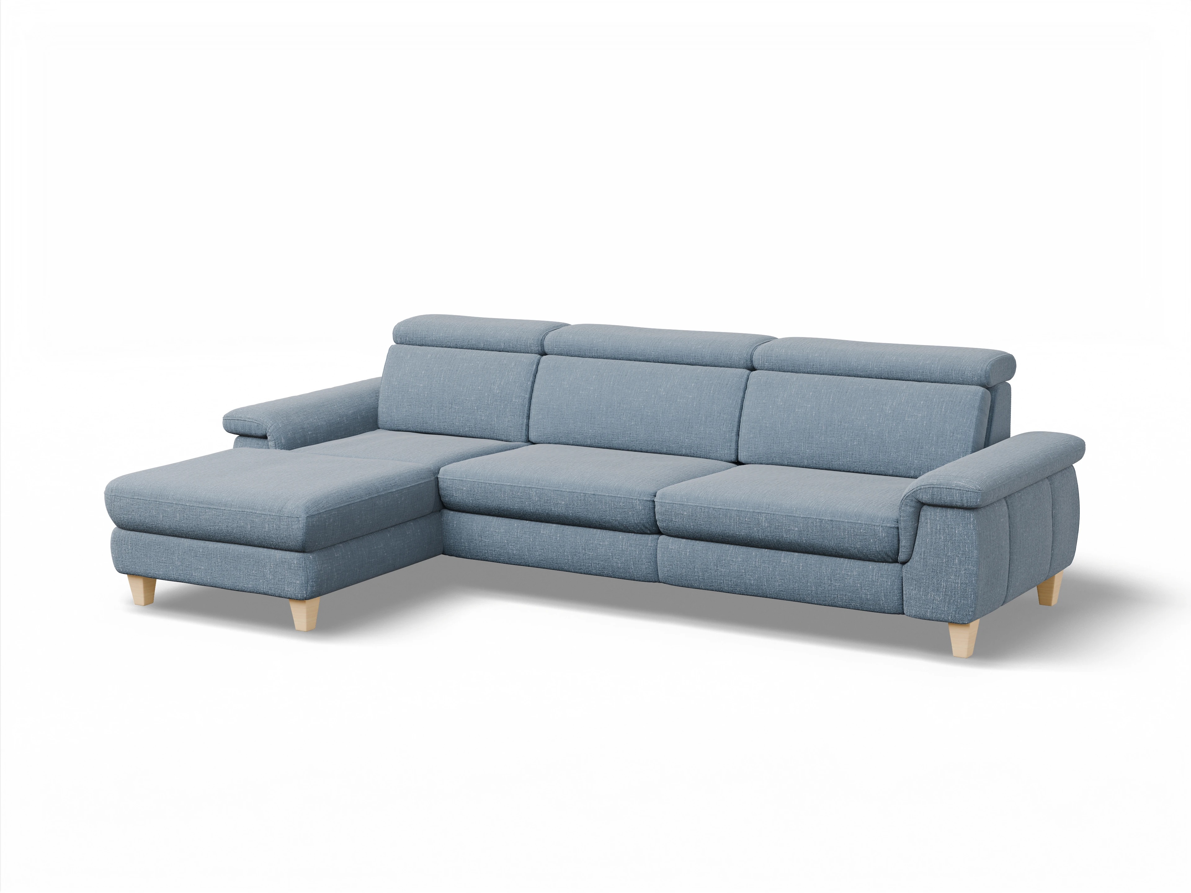 Ansicht des Produktes München Ecksofa links Abschluss offen in Stoff Blau