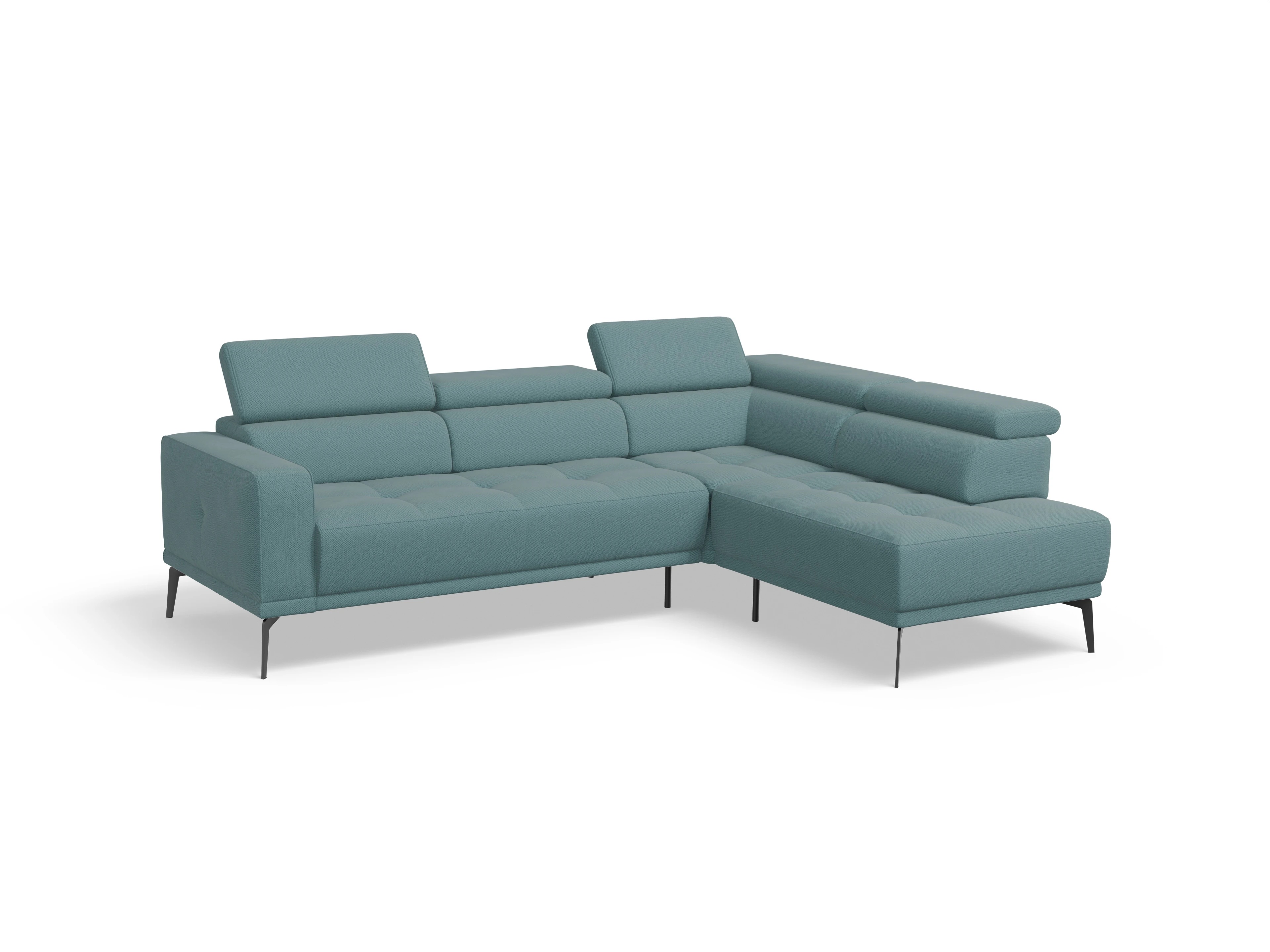 Marco Aho kl Medium R Ansicht des Produktes Marco Ecksofa rechts Abschluss offen in Stoff Blau