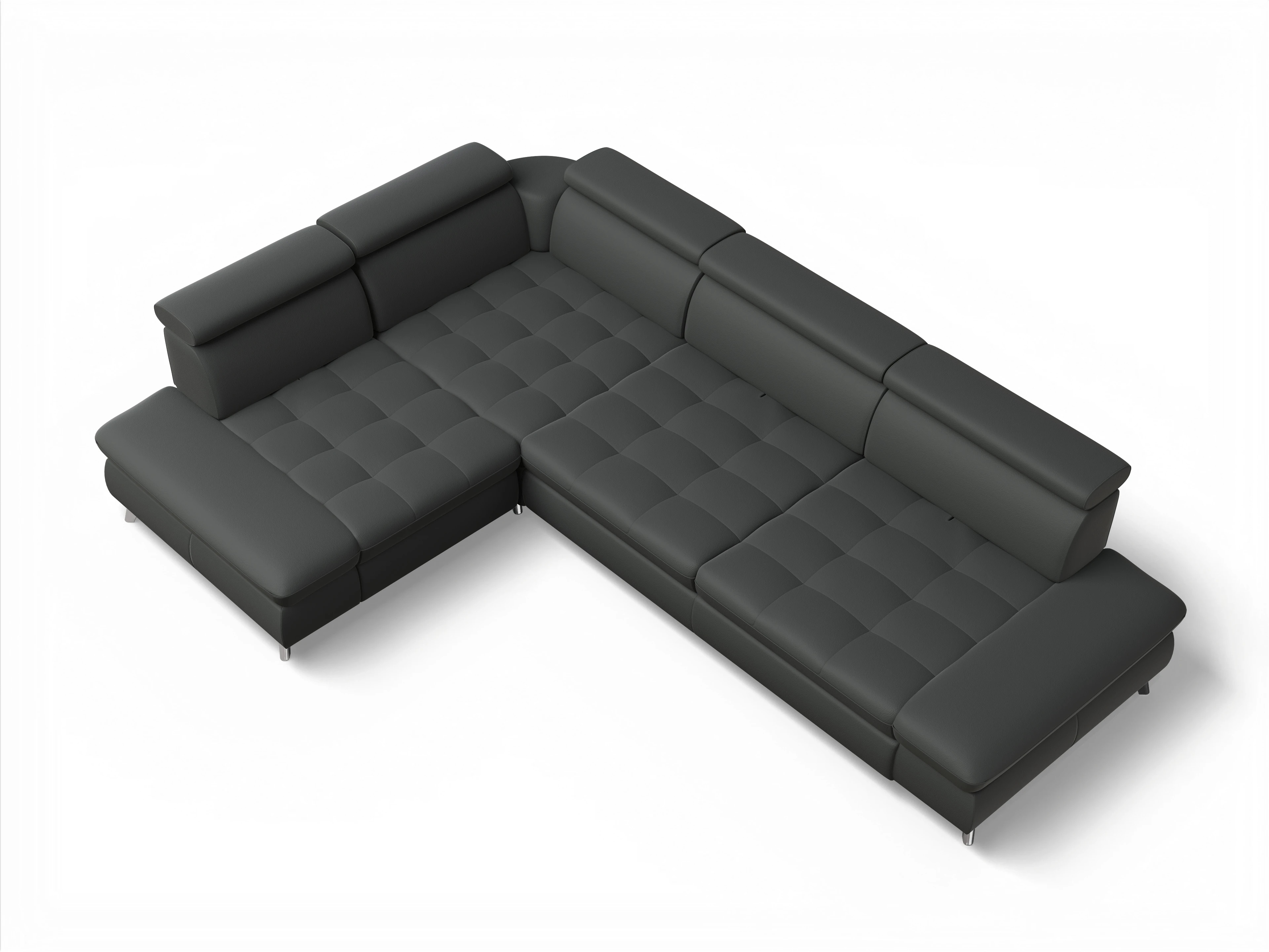 Ansicht des Produktes Memphis Stoff Ecksofa links mit Armlehne in Leder Grau
