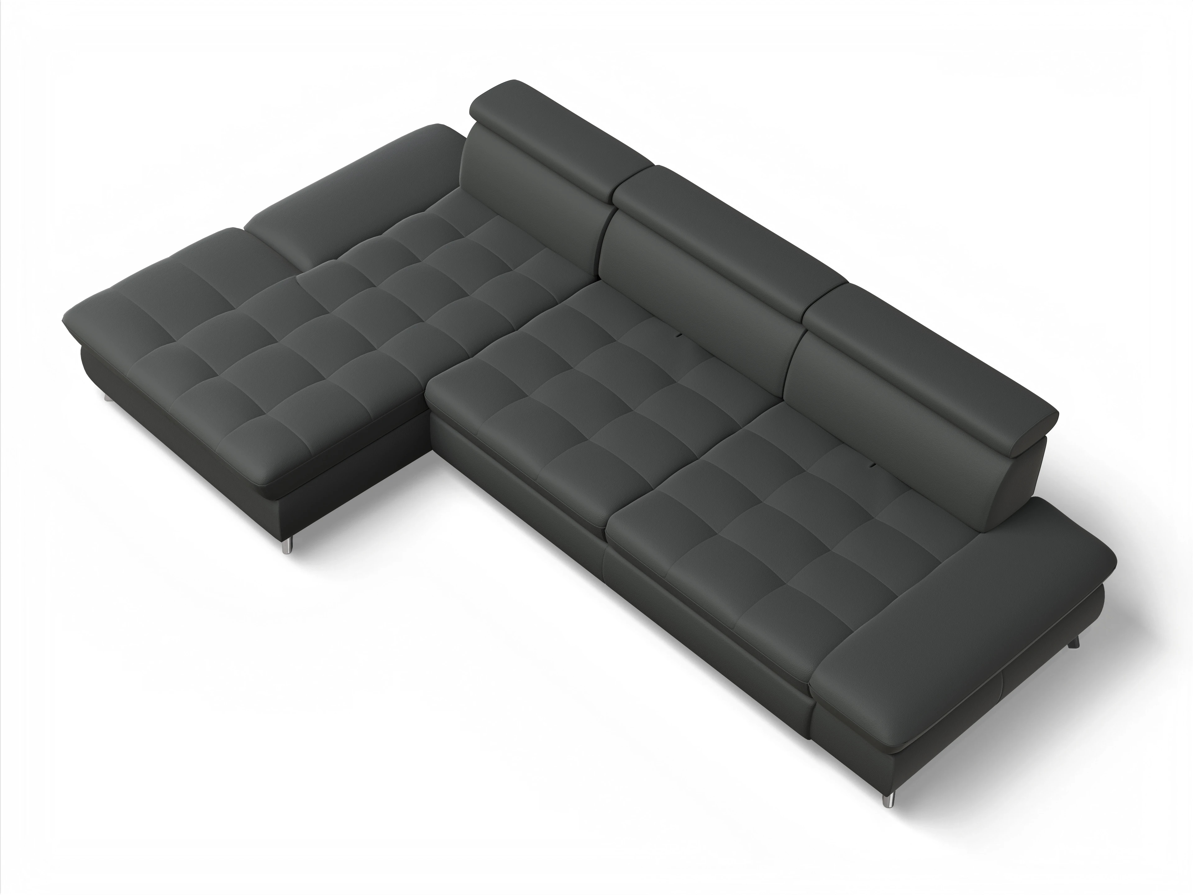 Ansicht des Produktes Memphis Stoff Ecksofa links Abschluss offen in Leder Grau