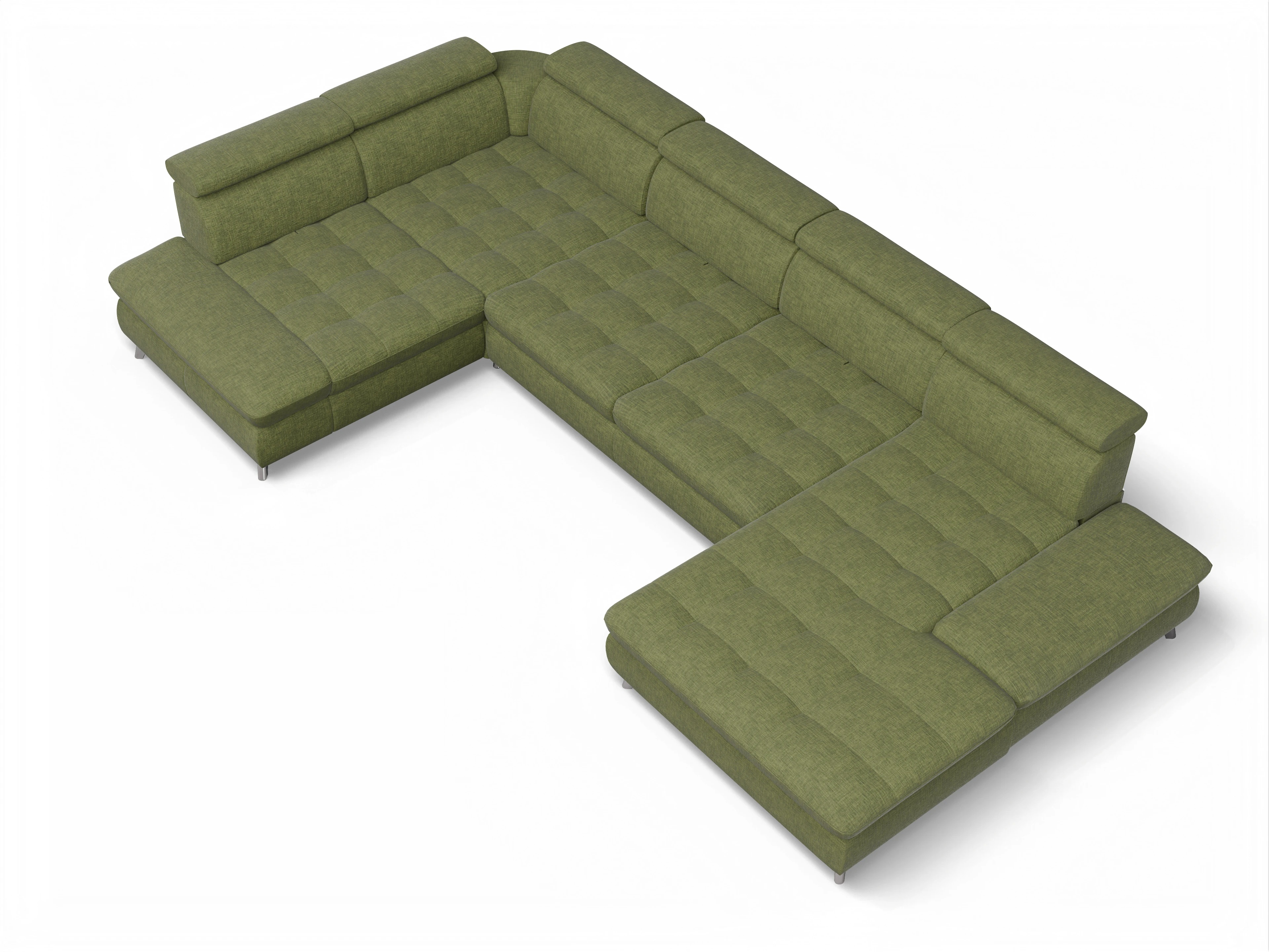 Ansicht des Produktes Memphis Stoff Wohnlandschaft Armlehne links Abschluss offen rechts in Stoff Grün
