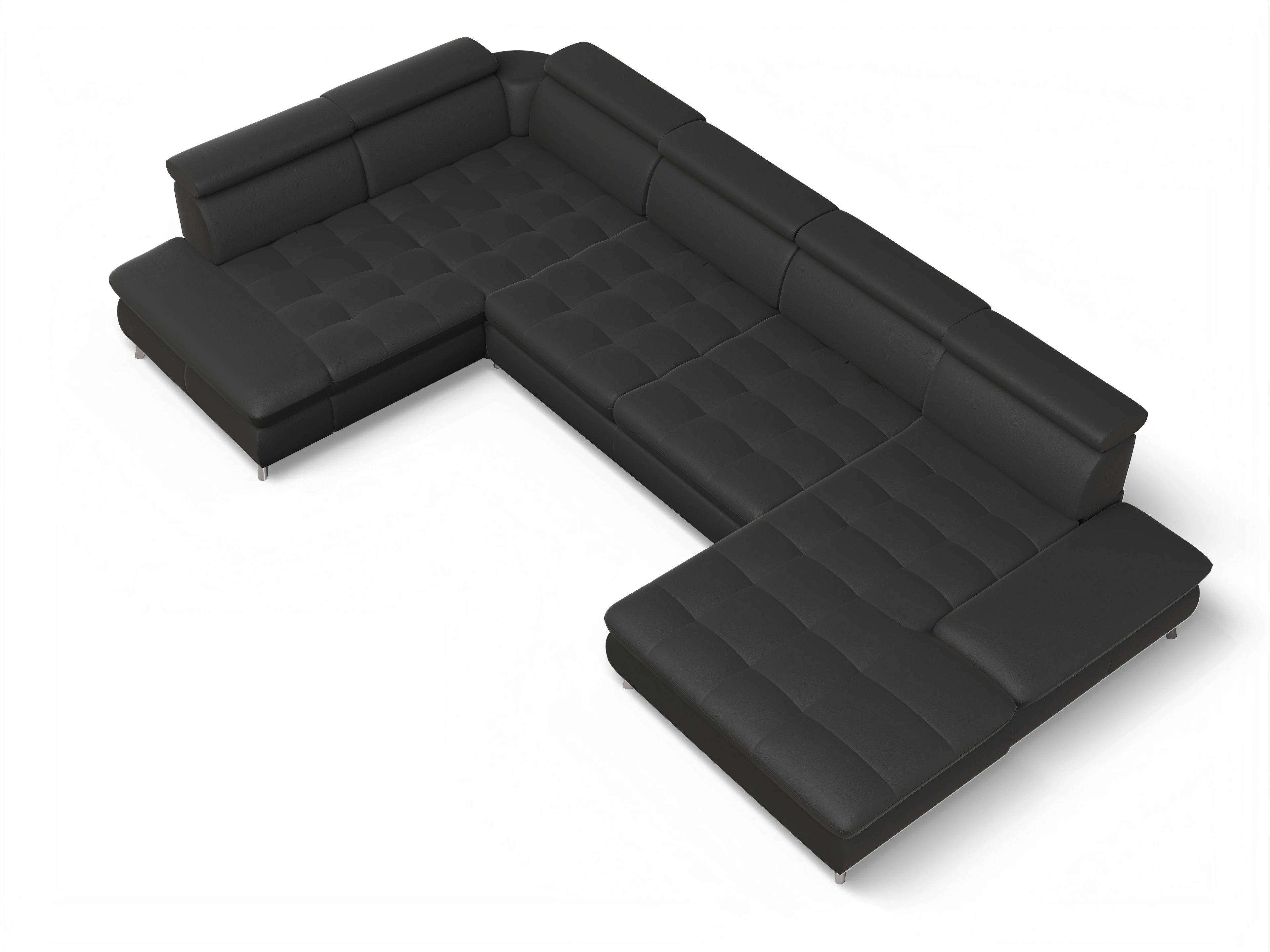 Ansicht des Produktes Memphis Stoff Wohnlandschaft Armlehne links Abschluss offen rechts in Leder Schwarz