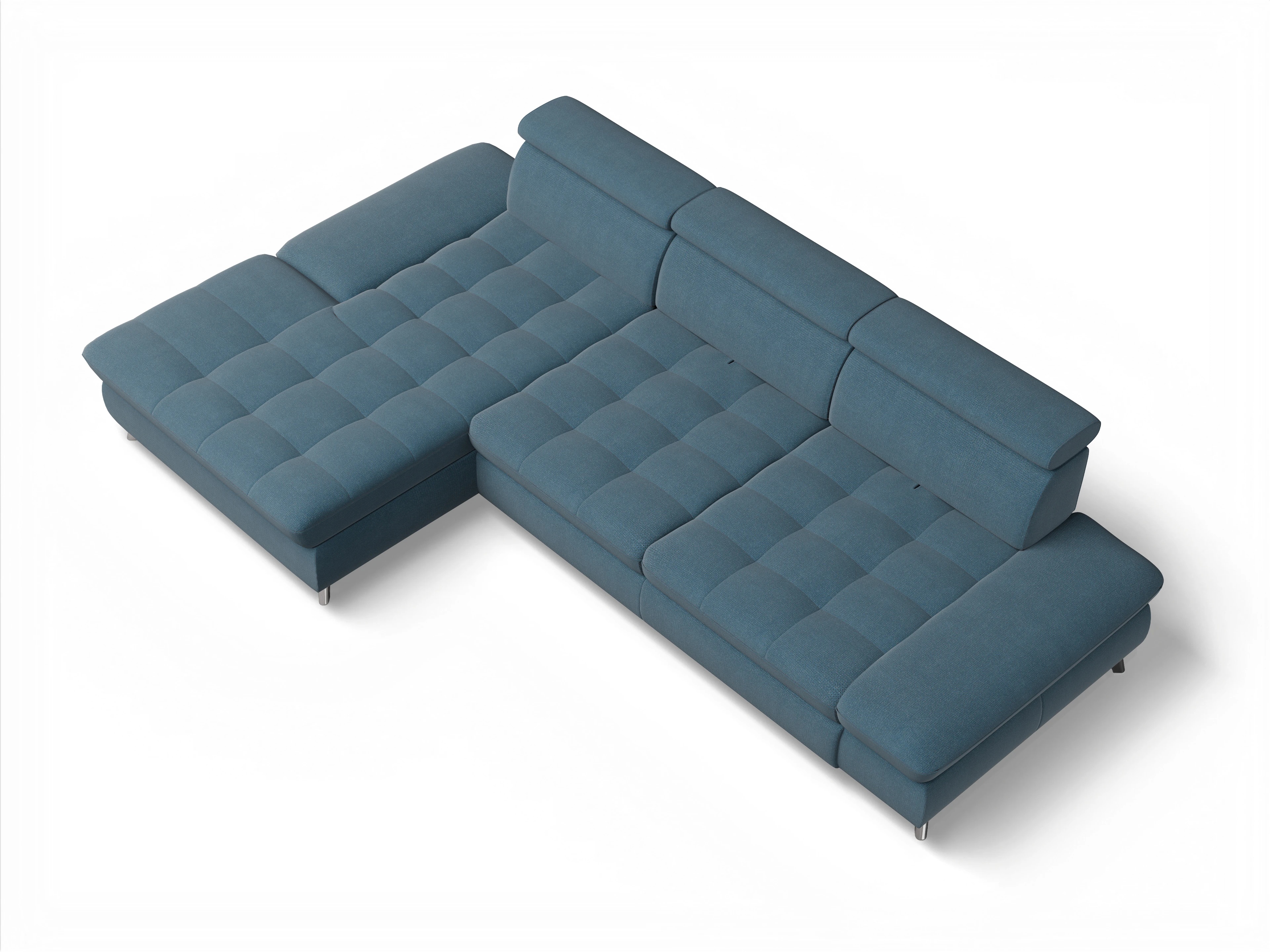 Ansicht des Produktes Memphis Stoff Ecksofa links Abschluss offen in Stoff Blau