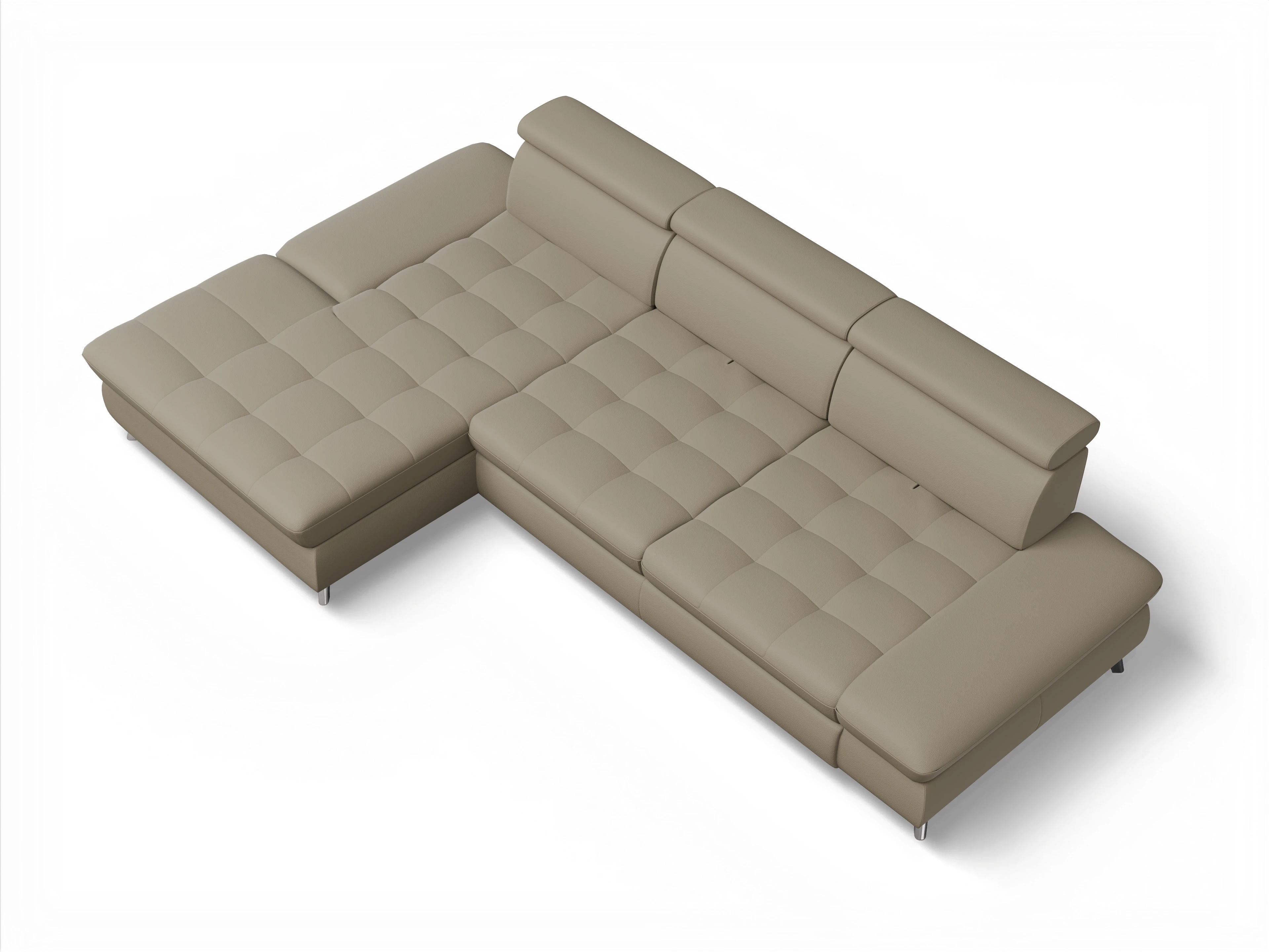 Ansicht des Produktes Memphis Stoff Ecksofa links Abschluss offen in Leder Braun