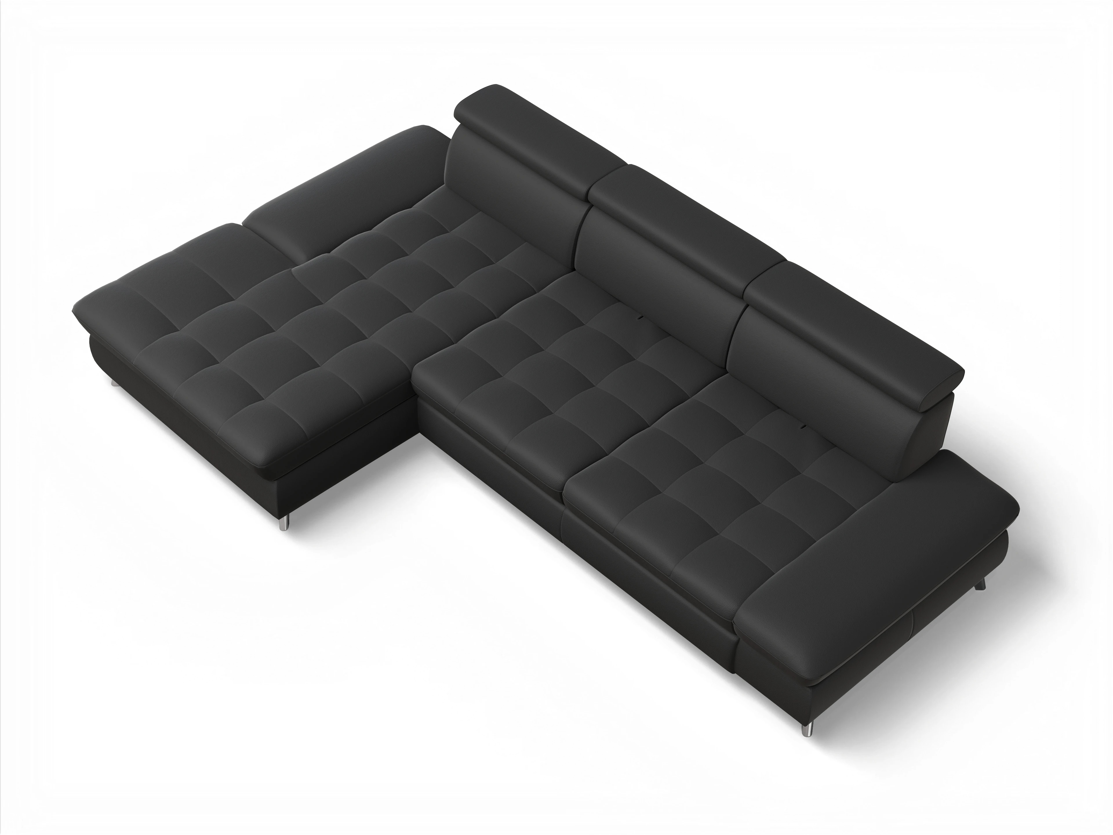 Ansicht des Produktes Memphis Stoff Ecksofa links Abschluss offen in Leder Schwarz