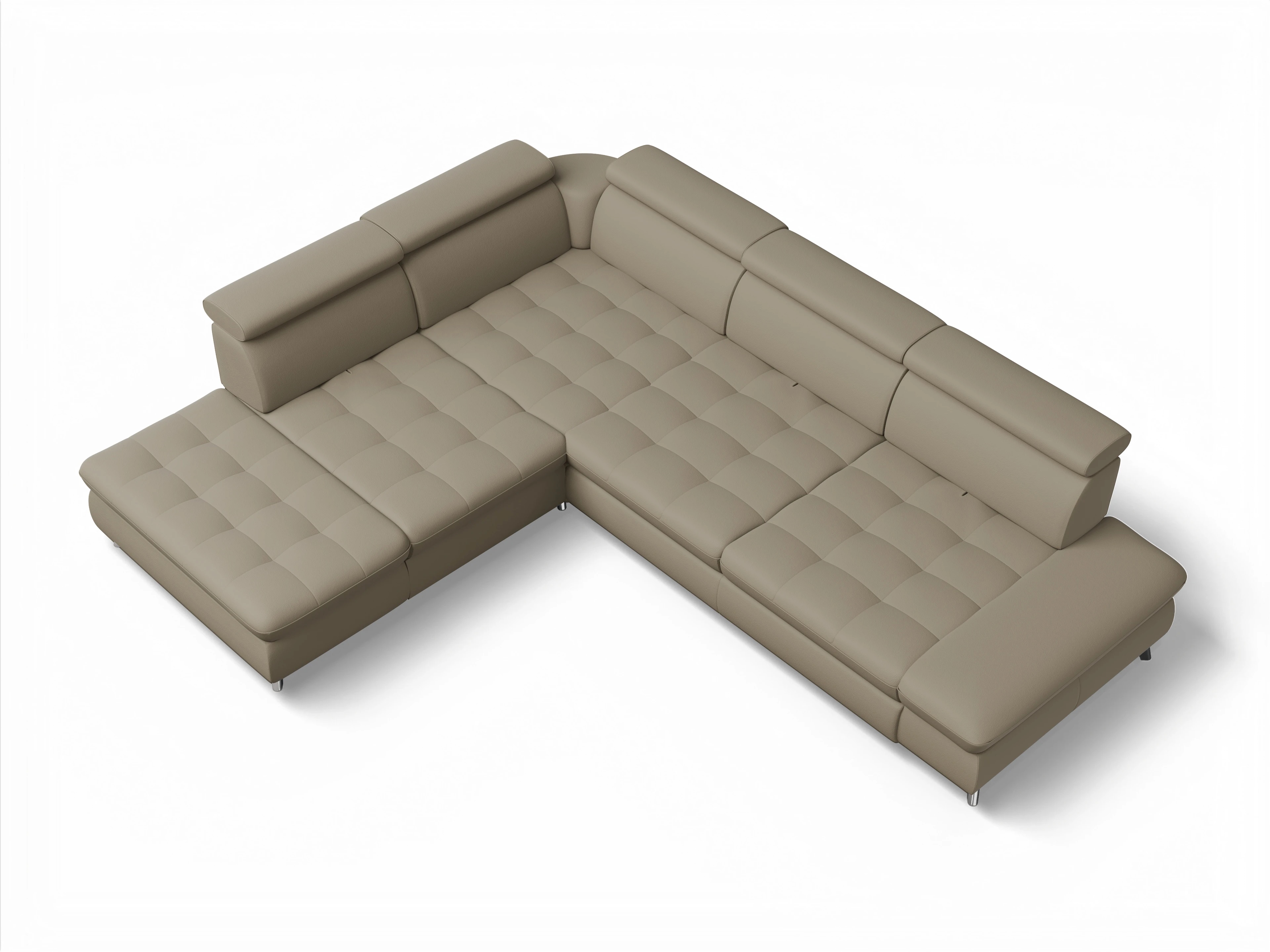 Ansicht des Produktes Memphis Stoff Ecksofa links Abschluss offen in Leder Braun