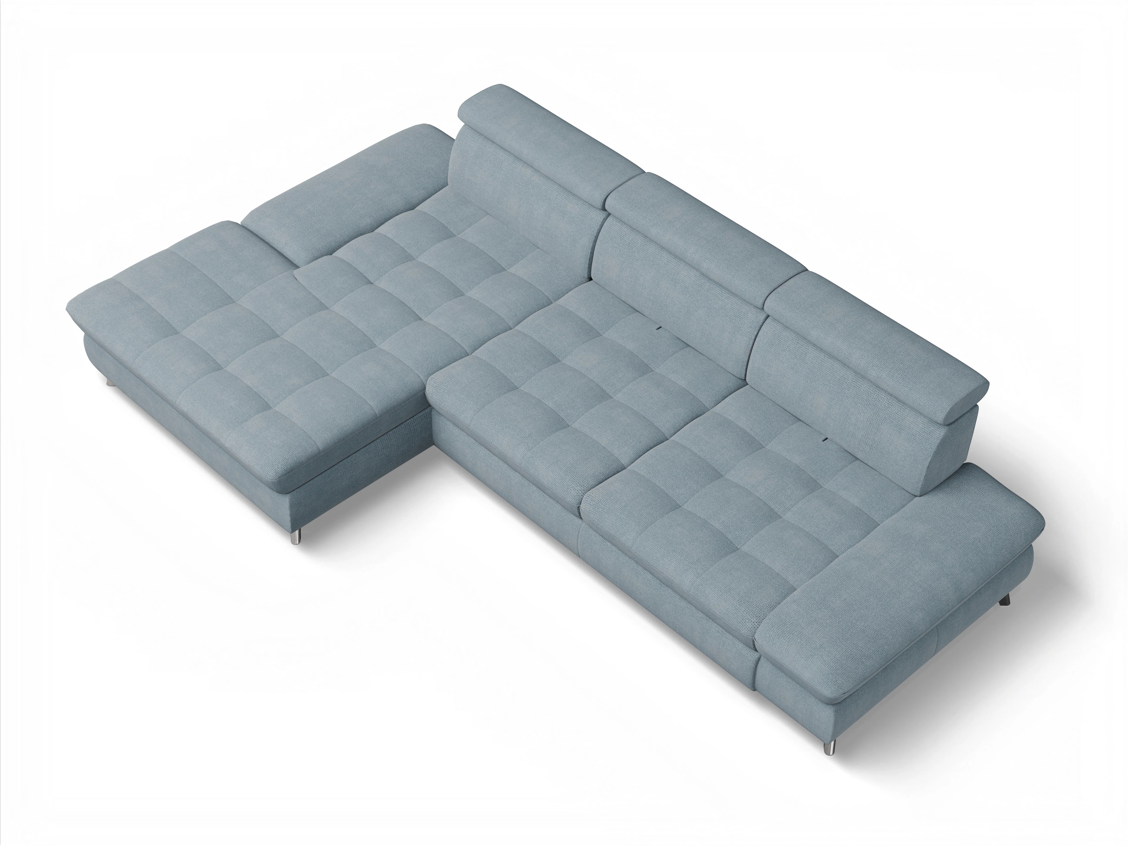 Ansicht des Produktes Memphis Stoff Ecksofa links Abschluss offen in Stoff Blau