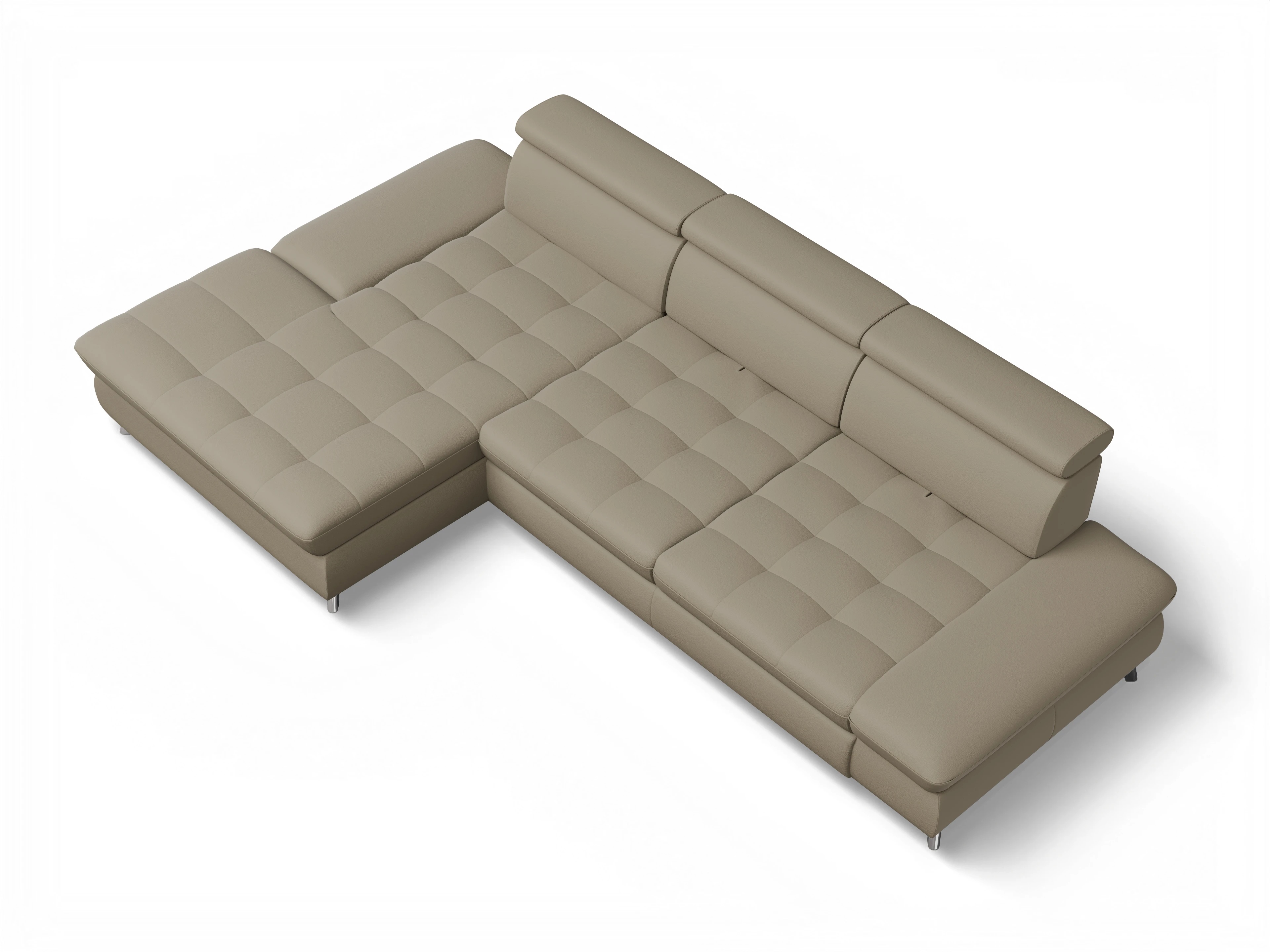 Ansicht des Produktes Memphis Stoff Ecksofa links Abschluss offen in Leder Braun
