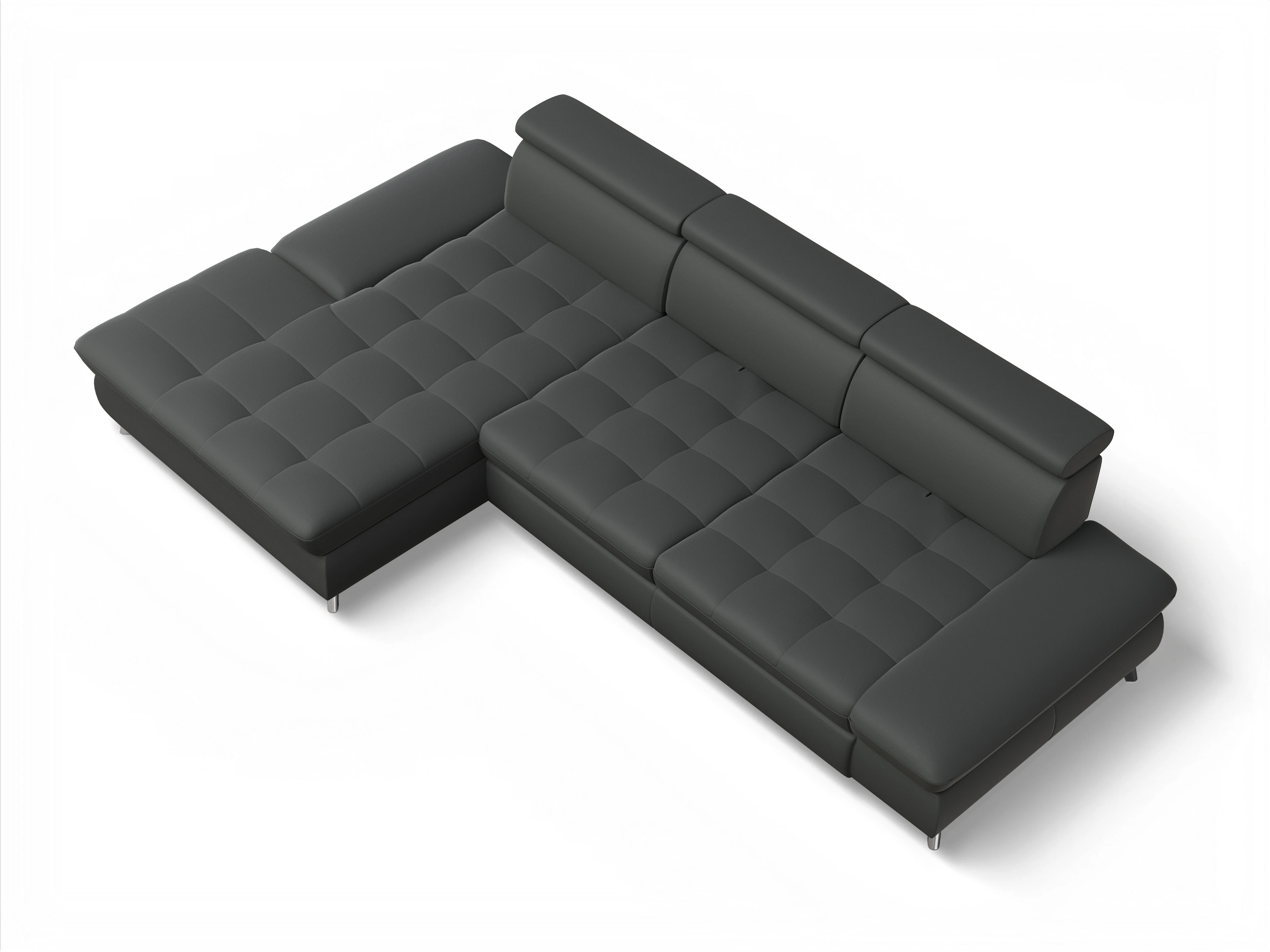 Ansicht des Produktes Memphis Stoff Ecksofa links Abschluss offen in Leder Grau