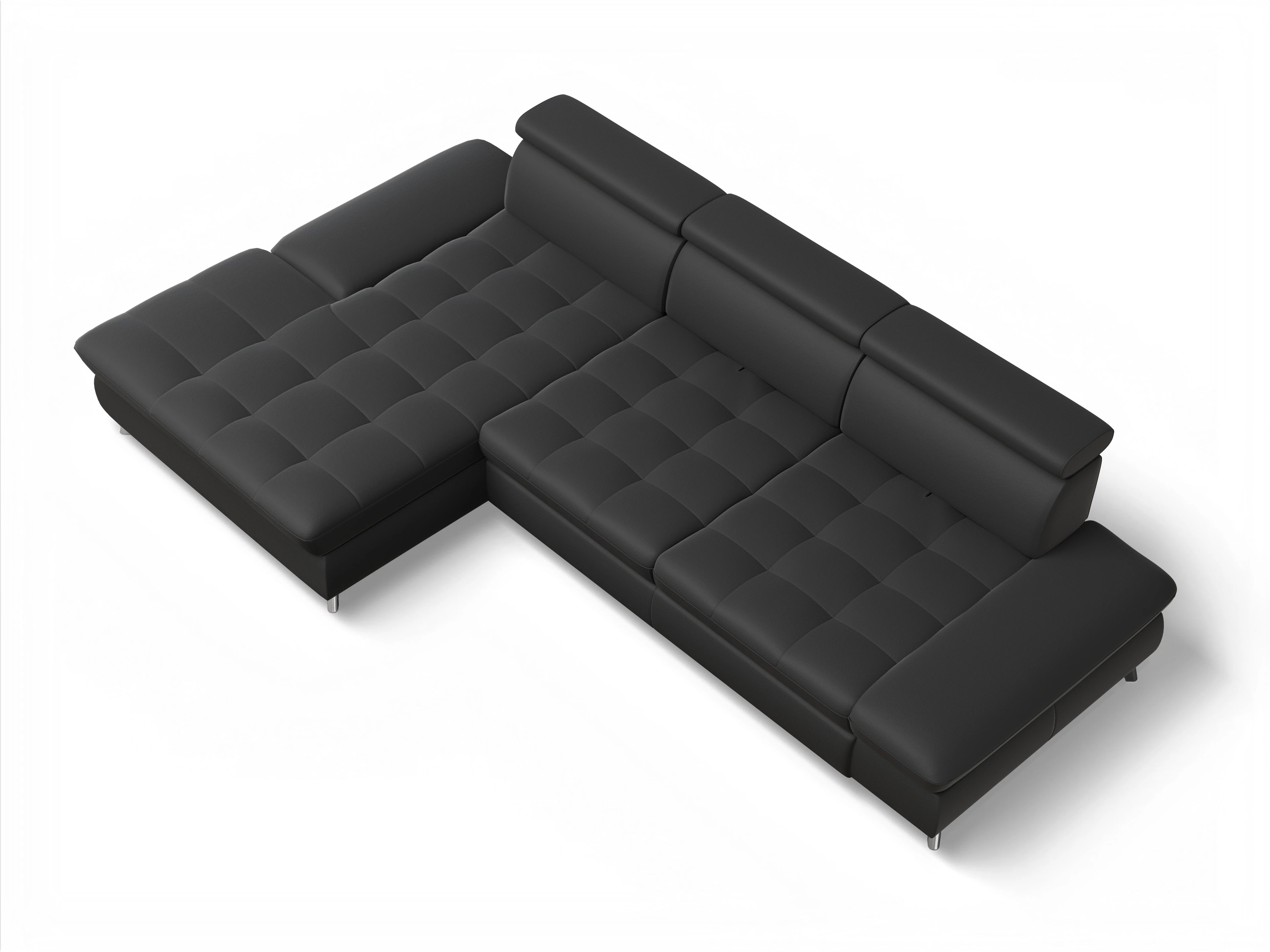Ansicht des Produktes Memphis Stoff Ecksofa links Abschluss offen in Leder Schwarz