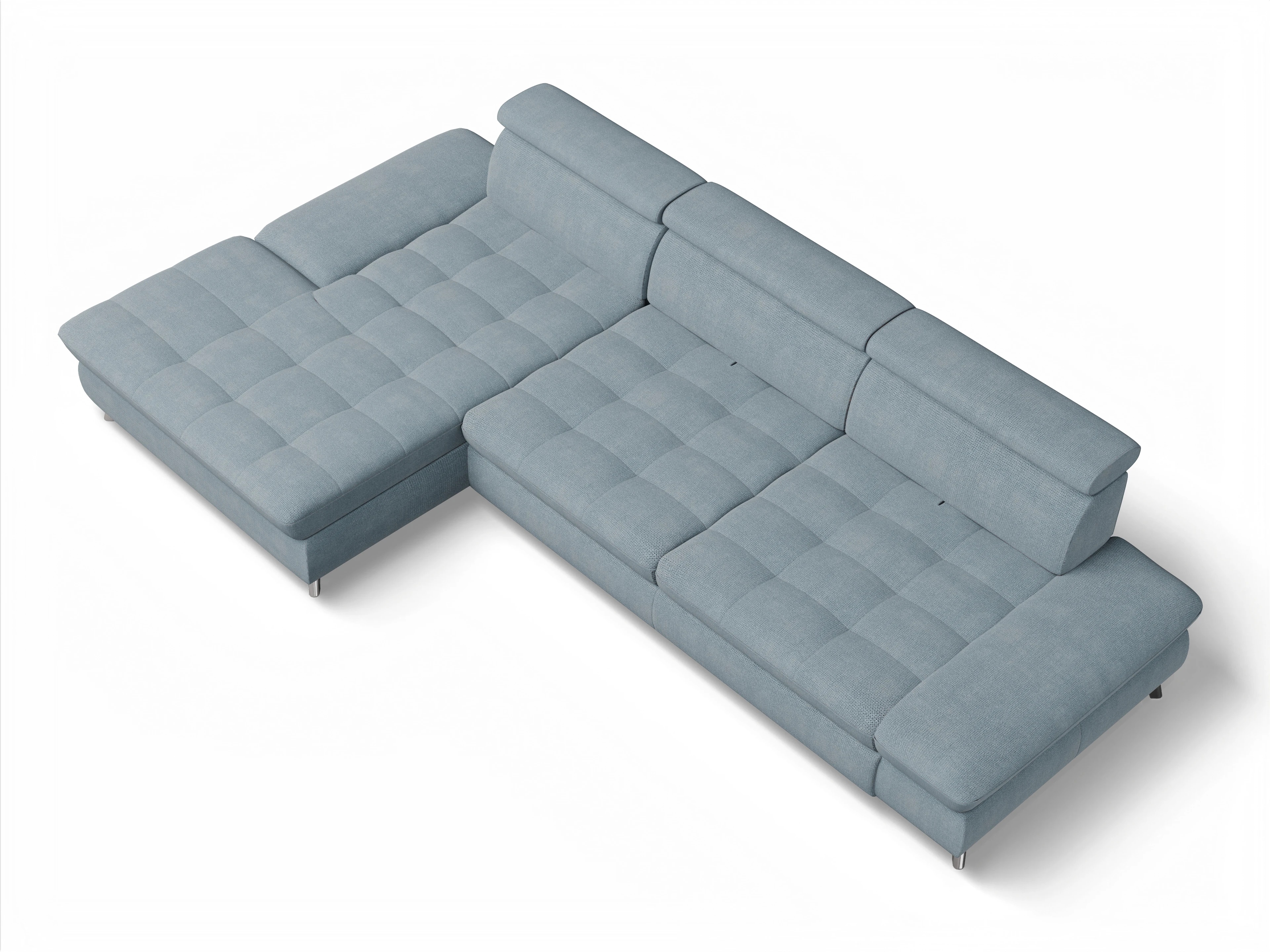 Ansicht des Produktes Memphis Stoff Ecksofa links Abschluss offen in Stoff Blau